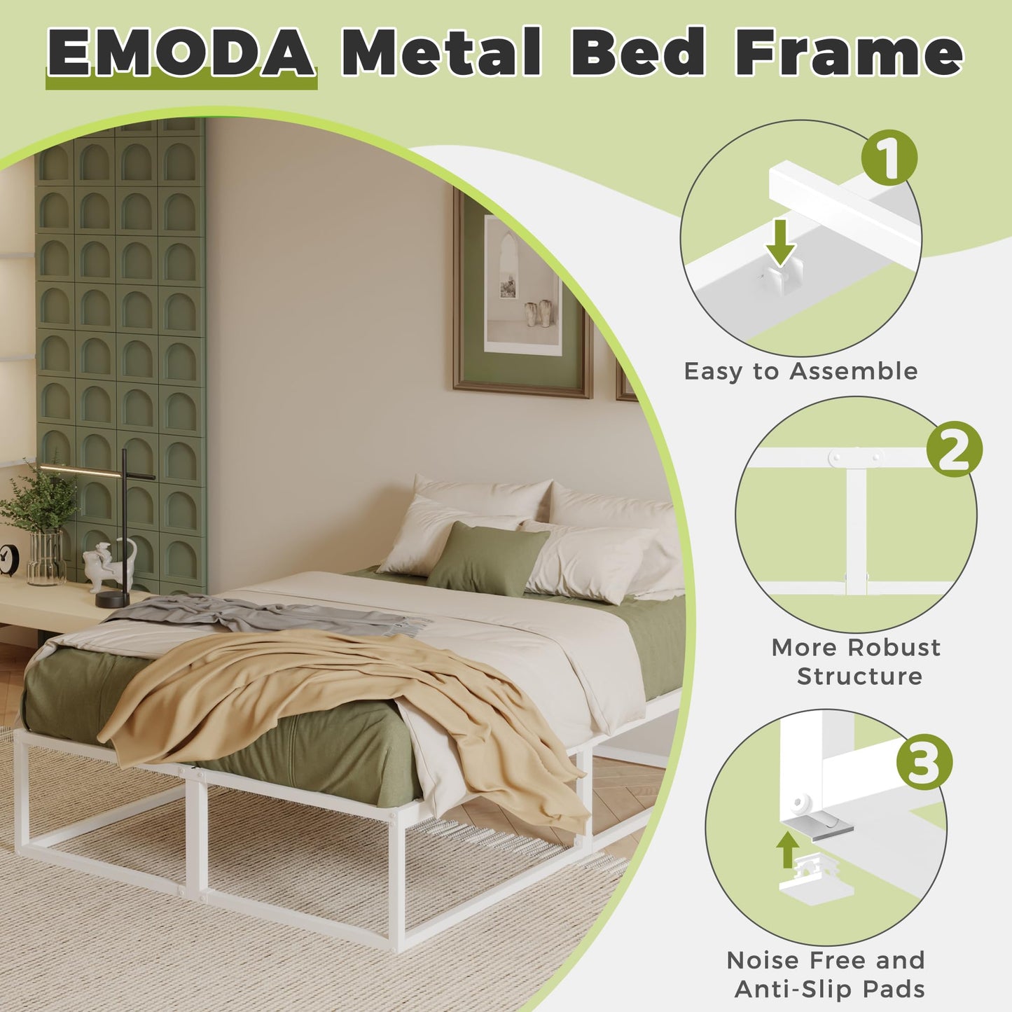 EMODA Metal Bed Frame 140 x 200cm with Steel Slats Support, White