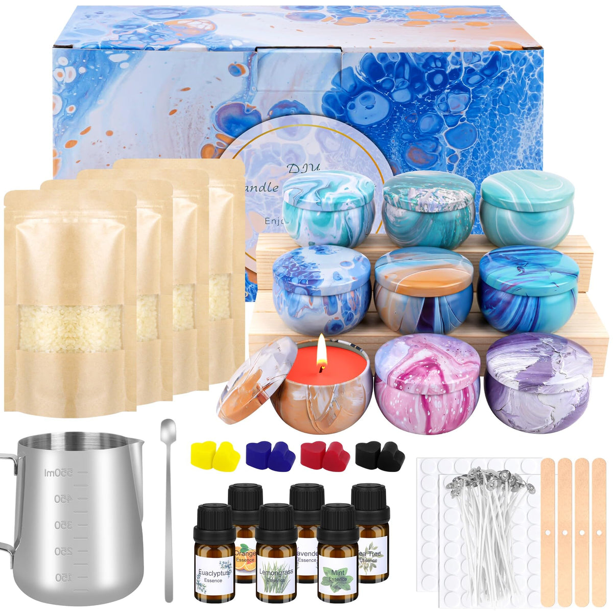 KEARLGMBH Candle Making Kit for Adult DIY Scented Candle with 9 Candle Tins,4 Beeswax,8 Dye Blocks,500ml Melting Pot etc Art Crafts Hobby Kits Gift