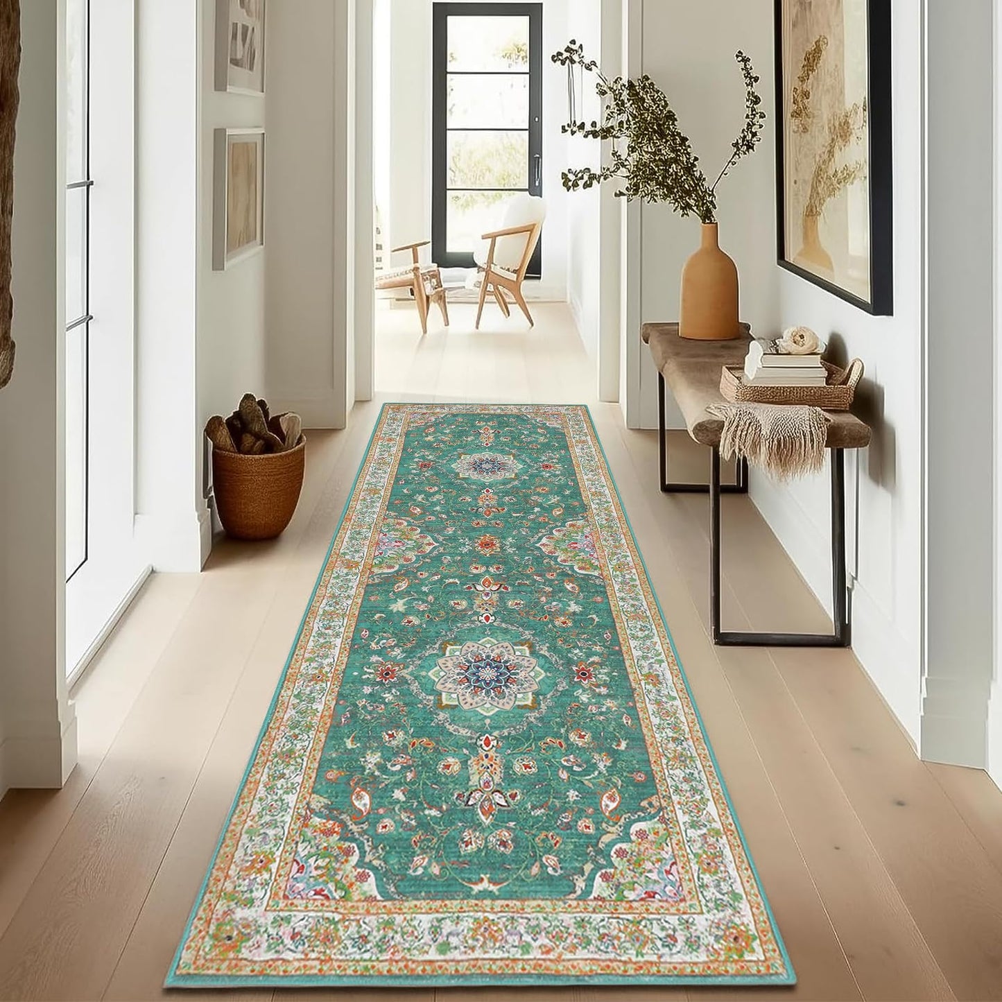 Enyhom Hallway Runner Rug, Green 80 x 200cm Non Slip Entrance Carpet Runner Long Vintage Floral Laundry Room Runner Area Rug Washable Kitchen Floor