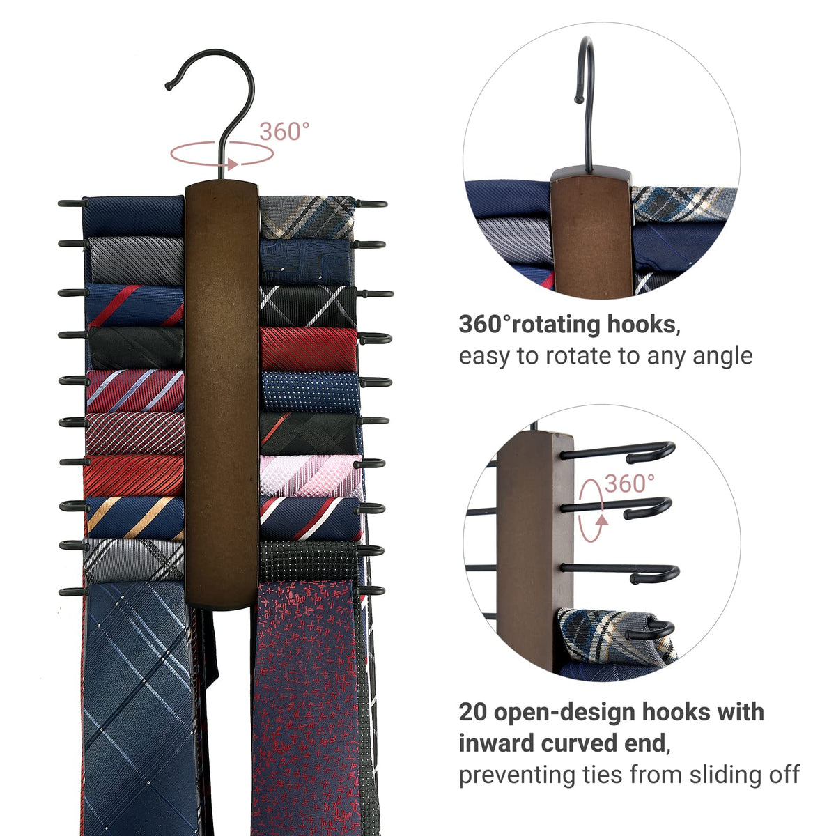 Mkono Wooden Tie Rack Retro Belt Storage Hanger Organizer for Men Closet Space Saving Rack with 20 Non-Slip Hooks for Ties Belt Scarf Organizer 360