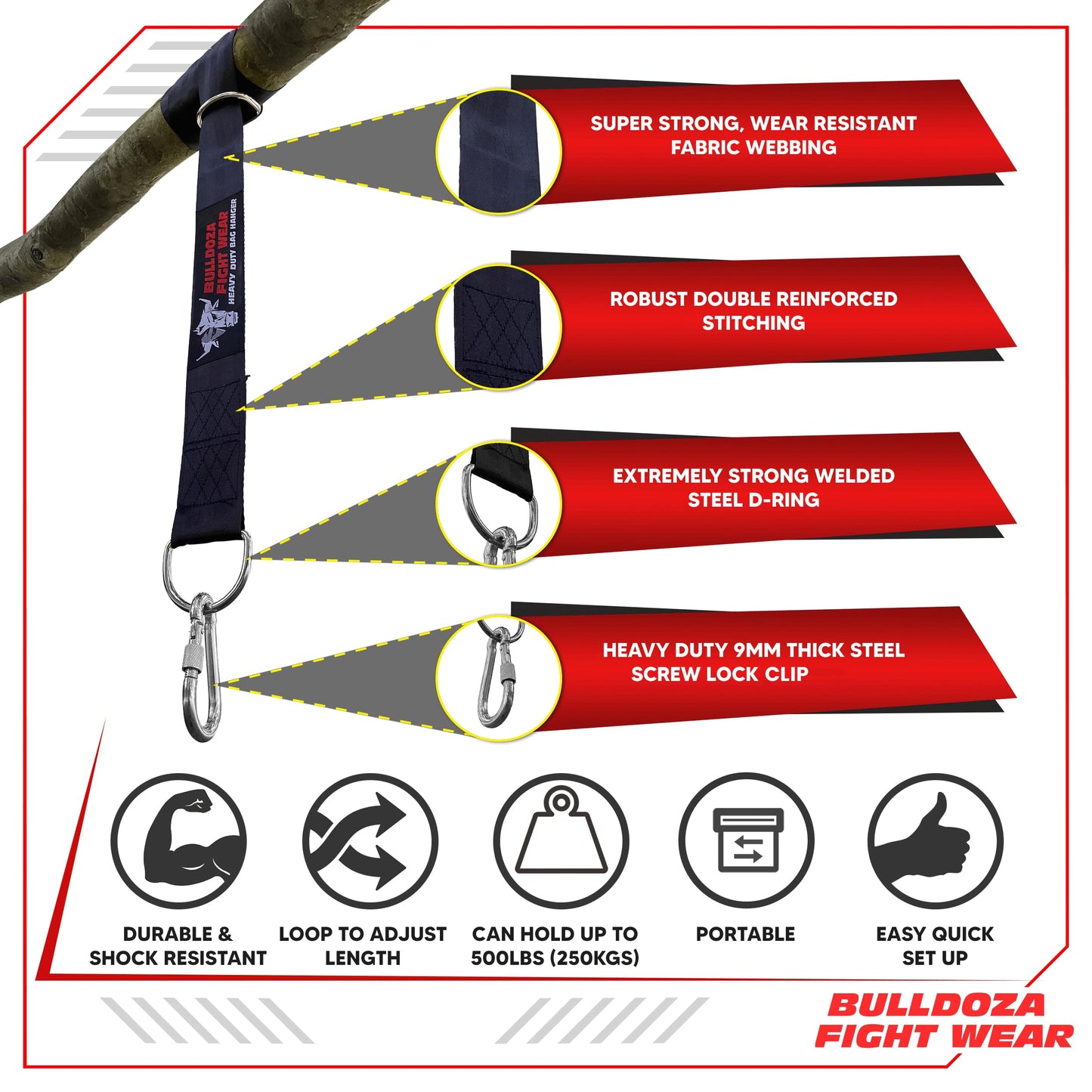 BULL DOZA FIGHT WEAR Boxing Punch Bag Strap/Sling ? Heavy Duty Bag Hanger with 9mm Steel Screw Lock Carabiner - 500lbs Bag Holding Capacity Strap