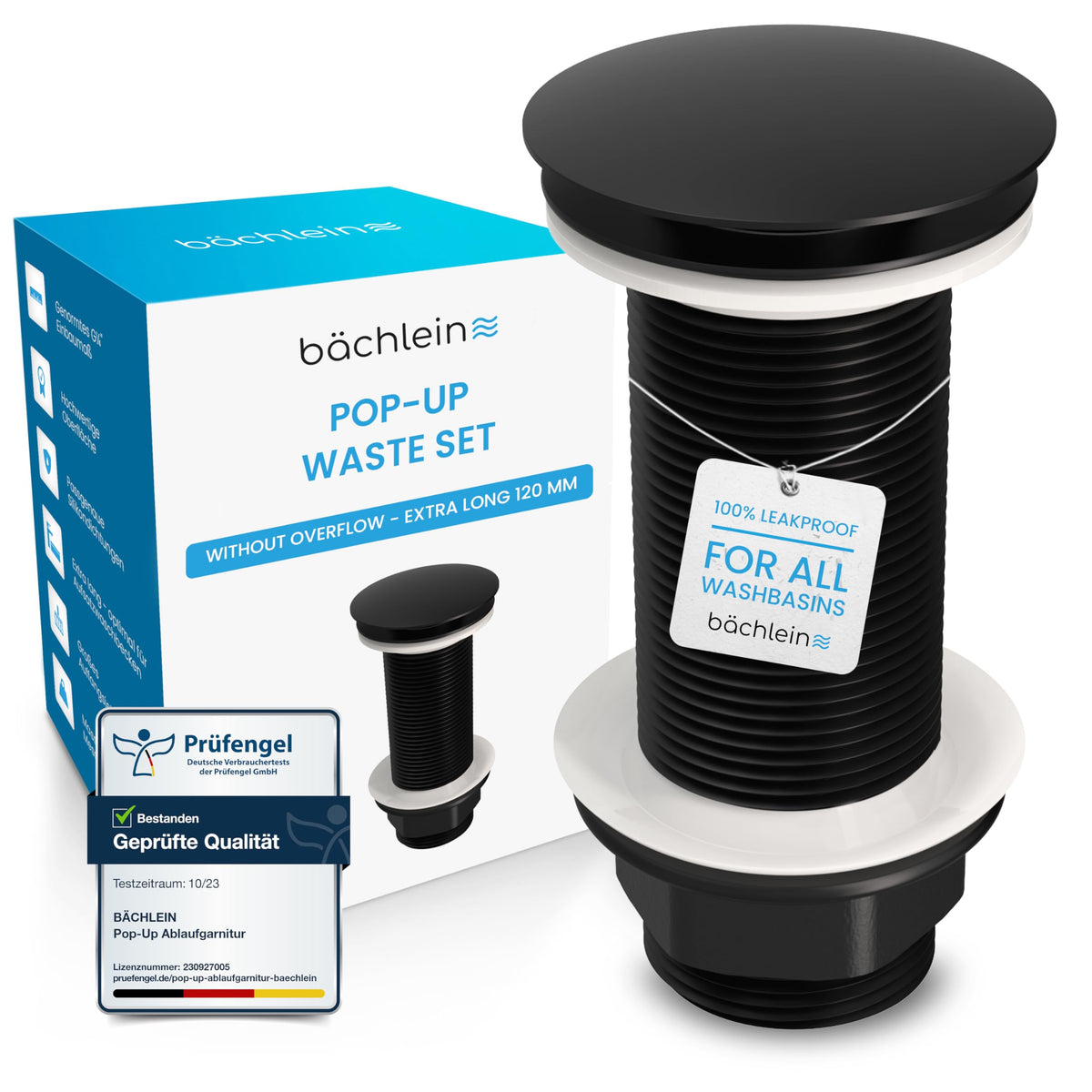 B?chlein Extra Long Universal Drain Fitting without Overflow (Matt Black) - Pop Up Valve for Countertop Washbasins
