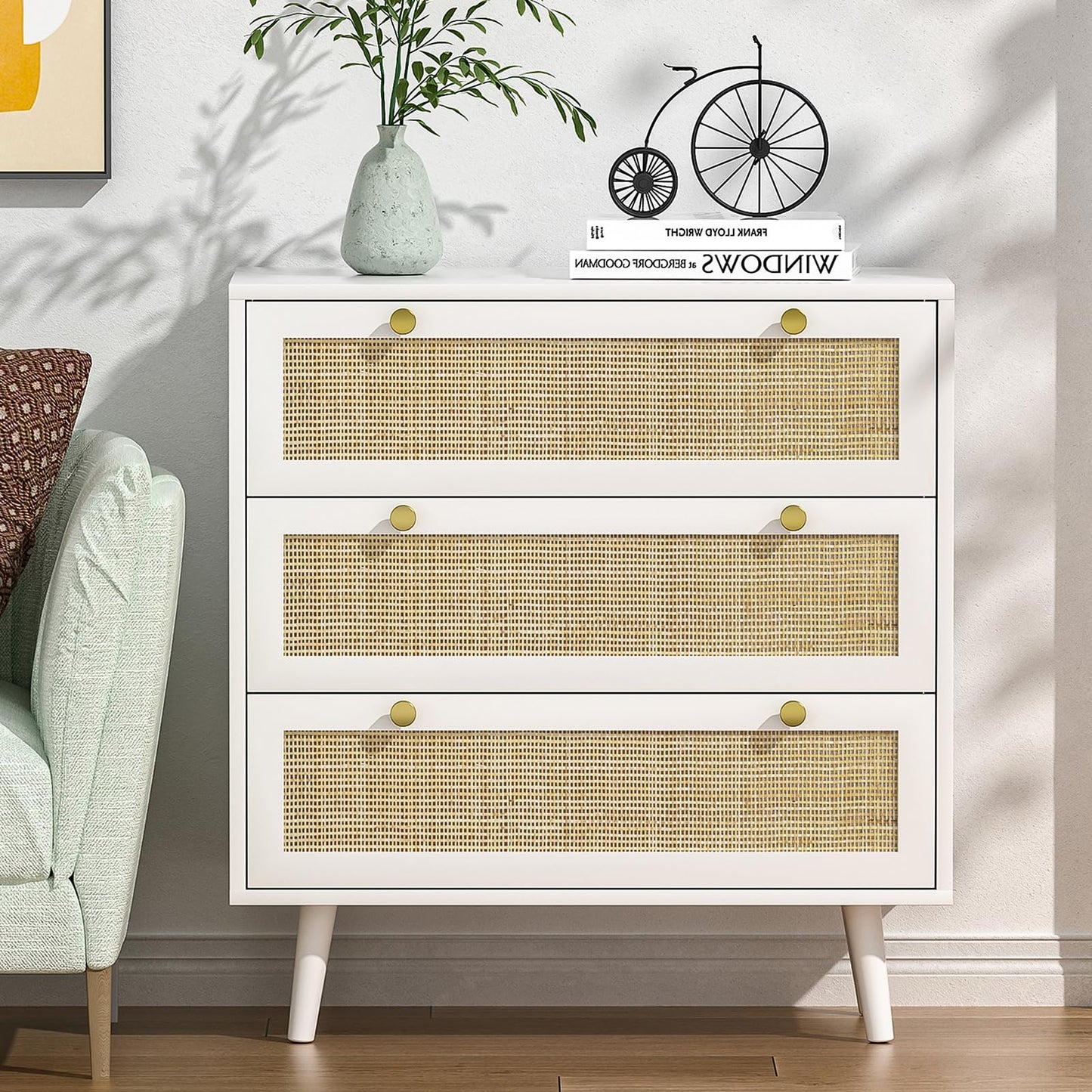 Yvsevnr White 3 Drawers Rattan Dresser Wood Chest of Drawers Bedroom Clothes Drawers with Sturdy Handles & Legs, Boho Rattan Closet Dresser for
