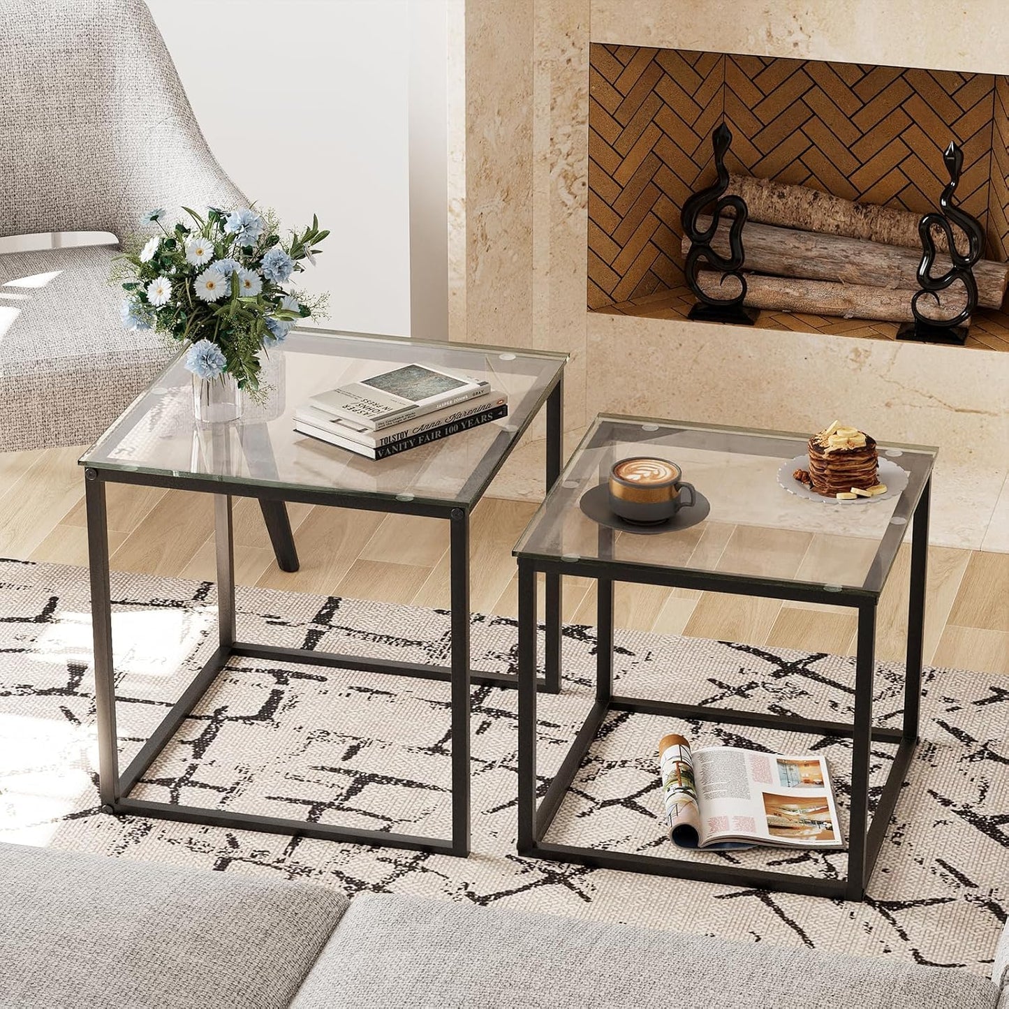 Huhote Nesting Tables, Set of 2 End Table, Coffee Tables, Glass Side Table