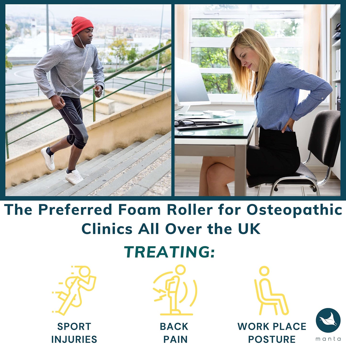 Manta Foam Roller - Firm Massage Roller for Strong deep Tissue Massage - Treat Upper & Lower Back - Improve Spinal Health - Treat Muscle Tension -