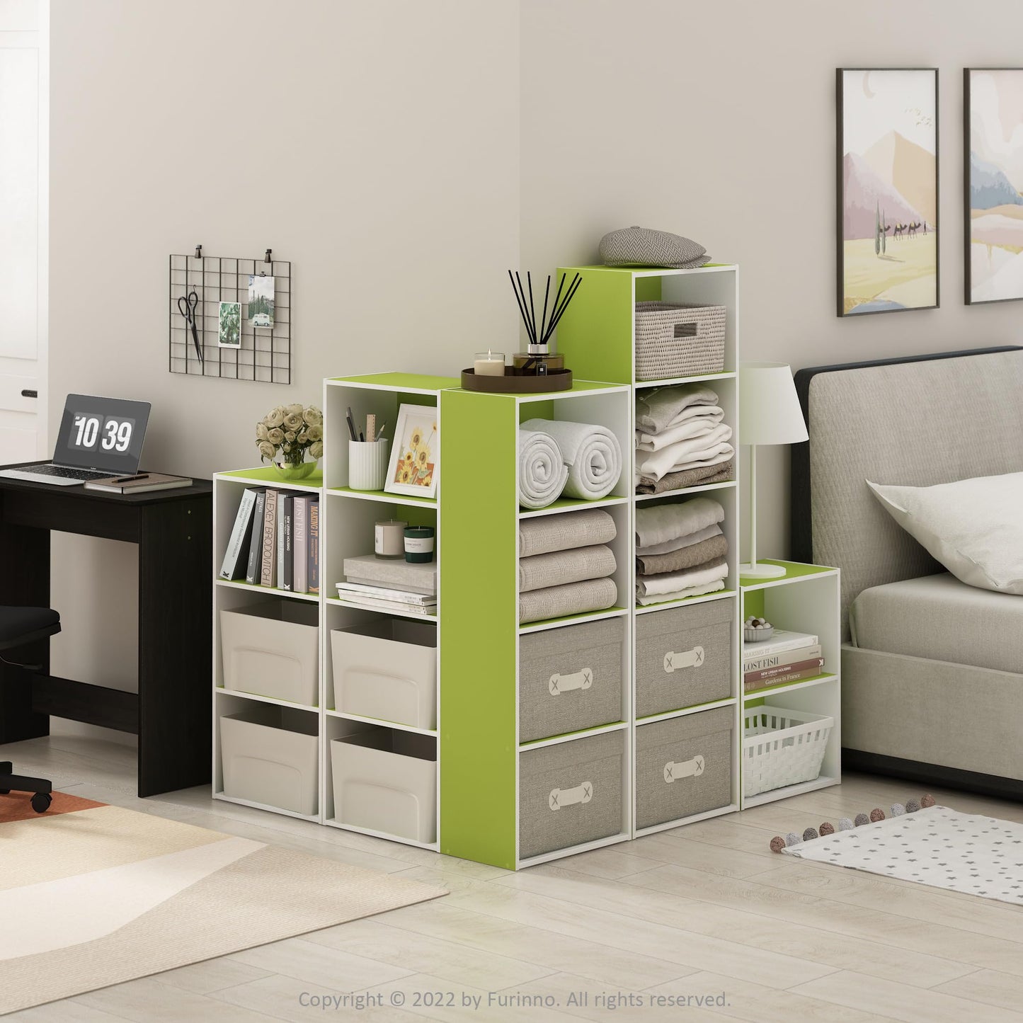 Furinno LUDER Book Shelf, 4-Tier Bookshelf, Bookcase with Open Shelf, 9.3 x 15.6 x 41.7, for Living Room, Bedroom, Home Office, Green/White