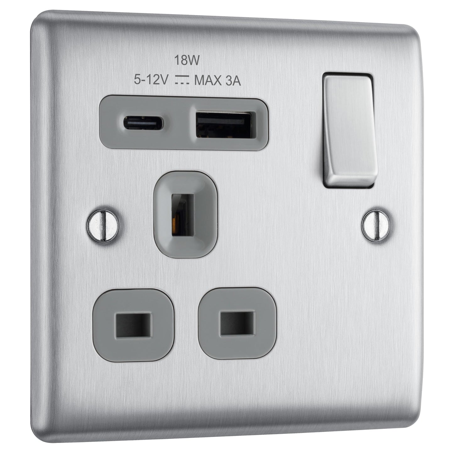 BG Electrical 18W Single Switched Power Plug Wall Socket with Type A USB and Type C USB Charging Ports, Fast Charge, Round Edges, Nexus Metal, Brushed