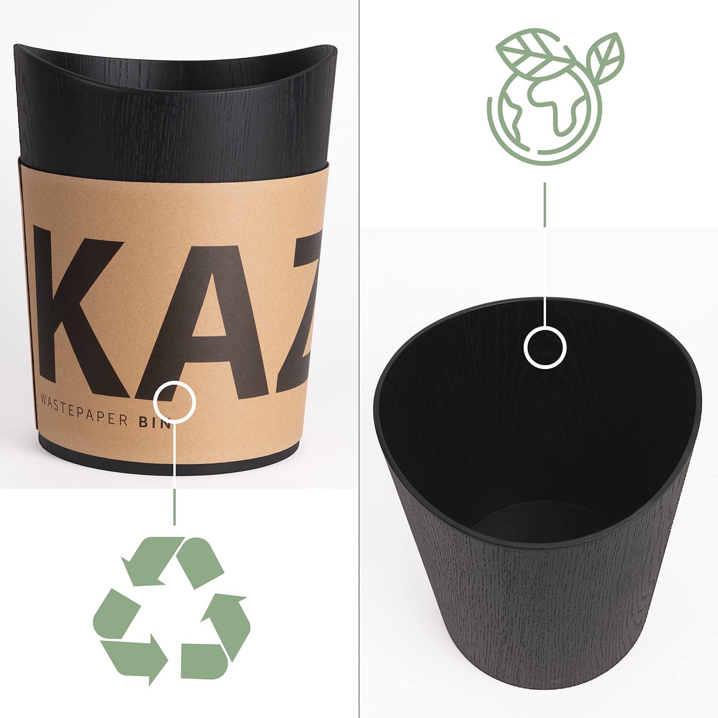 Kazai. Real Wood Waste Paper Bin Brje | Wooden Paper Basket for Office, Kids' Room, Bedroom and more | 9 liters | Oak black