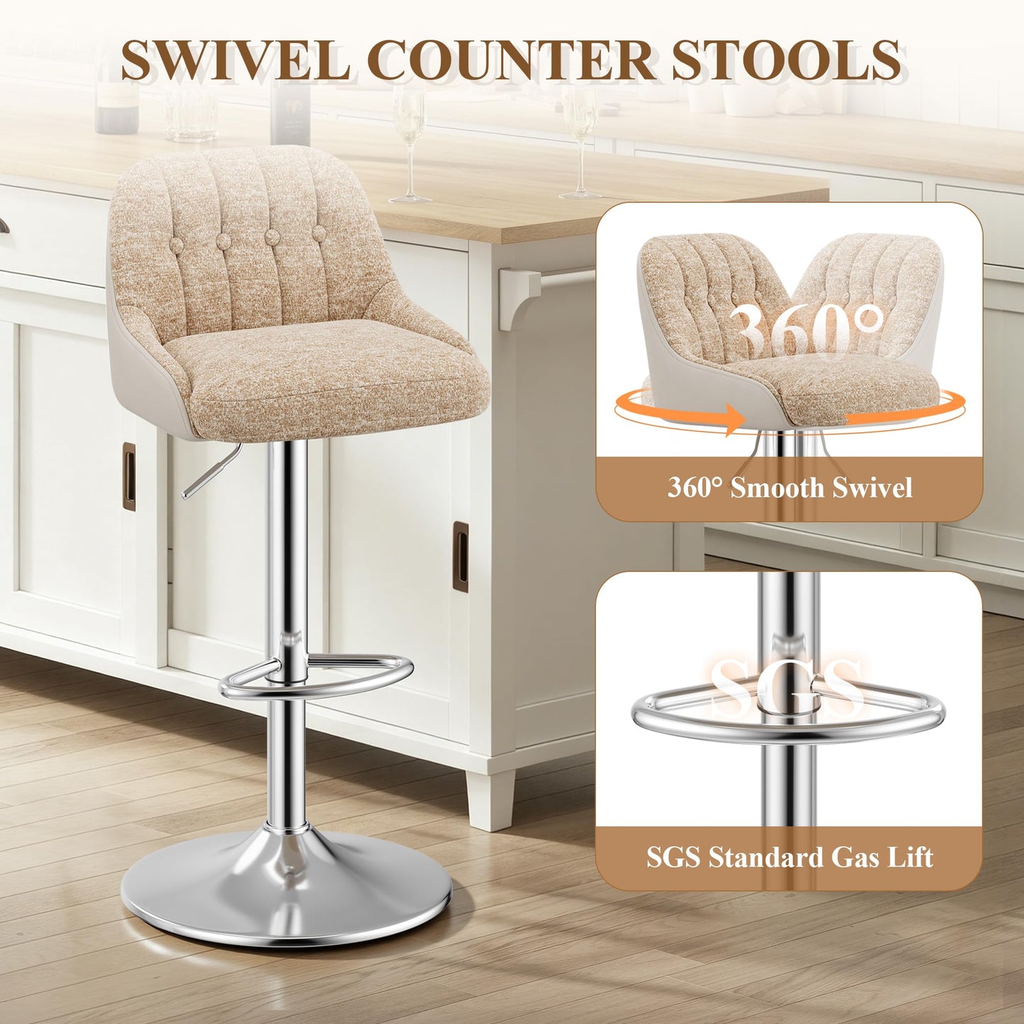 MALOL Adjustable Bar Stools Set of 6, Swivel Counter Stools with Backrest, Chenille & Faux Leather Upholstered Bar Chairs
