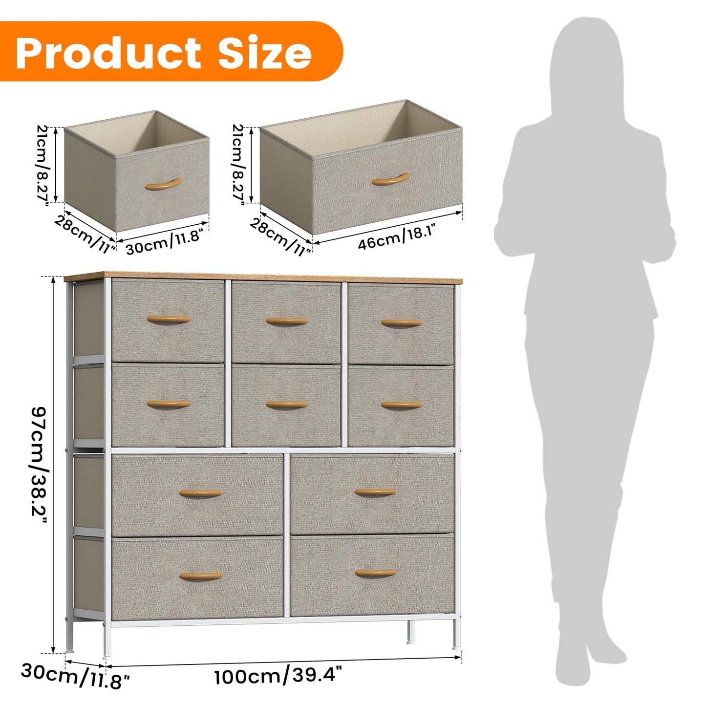 GoaHi Chest of Drawers, Large Dressers with Metal Frame and MDF Wooden Top Board, Adjustable Feet, Anti-Tip Safety