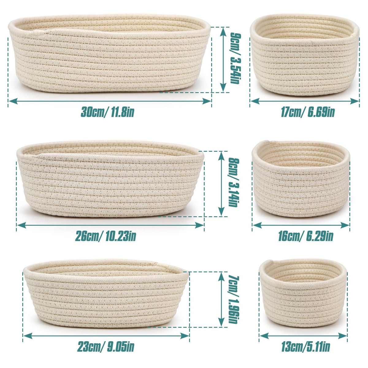 Spesh Cotton Rope Storage Baskets, Set of 3 Woven Shelf Baskets Oval Cotton Storage Boxes Empty Hampers Organiser Bins(White)