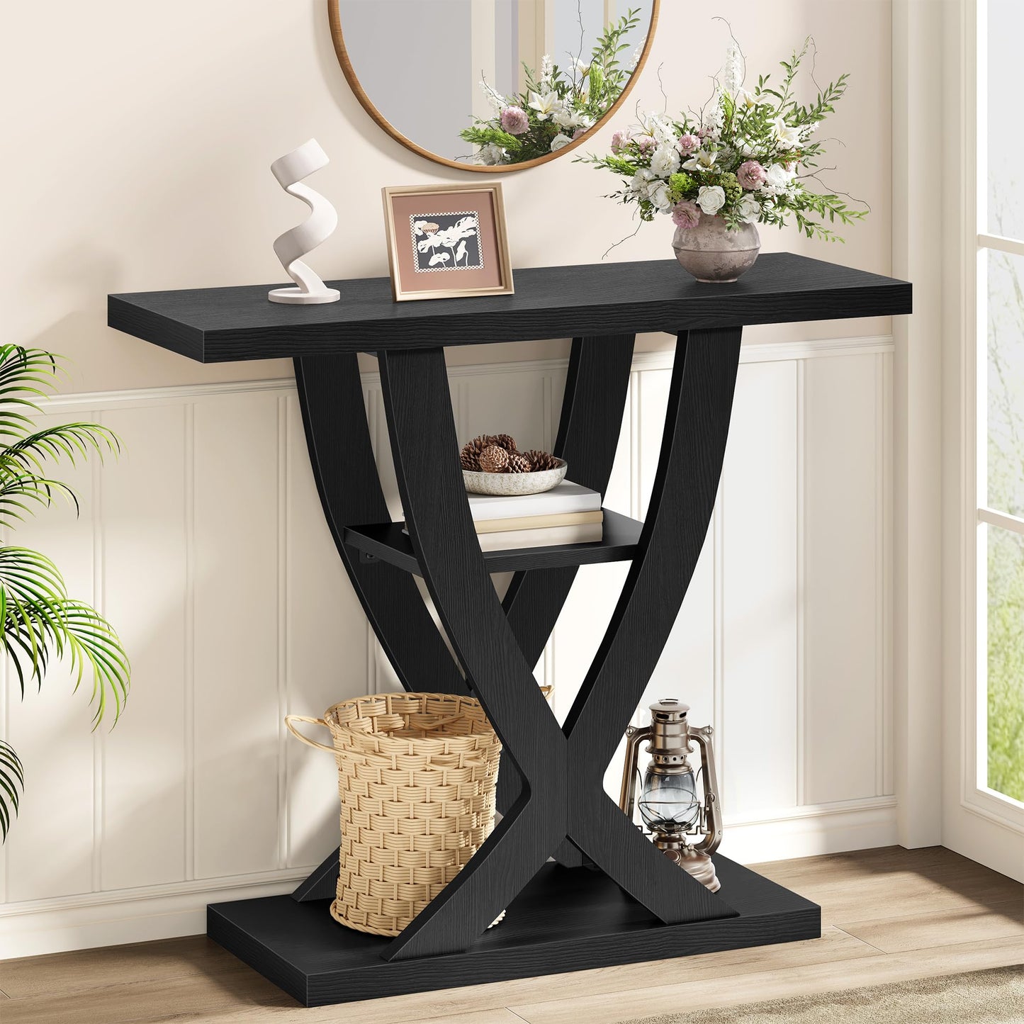 FAVOOSTY Slim Console Table for Hallway, 3-Tier Half Moon Narrow Entryway Table with Shelves, Industrial Behind Sofa Table