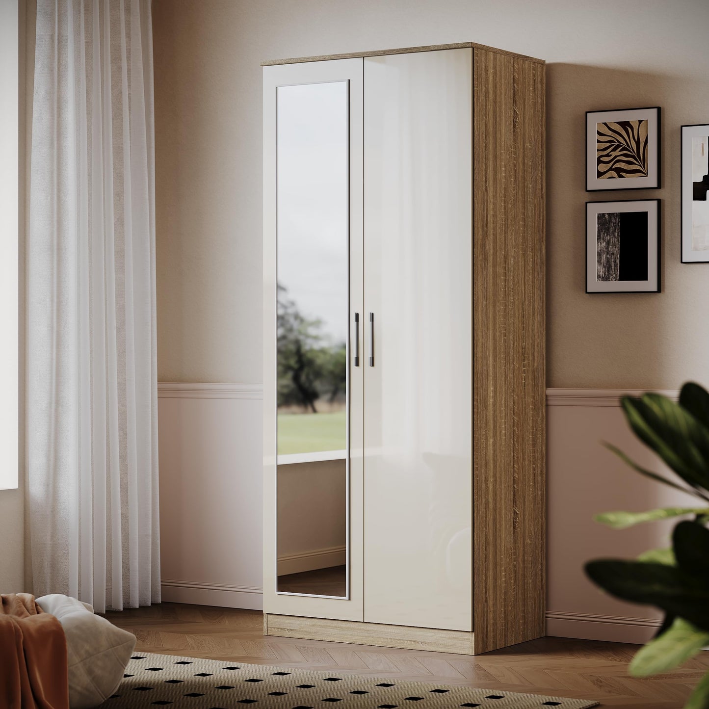 ELEGANT 2 Door Mirrored Wardrobe, Black-Walnut, 178x76x45cm