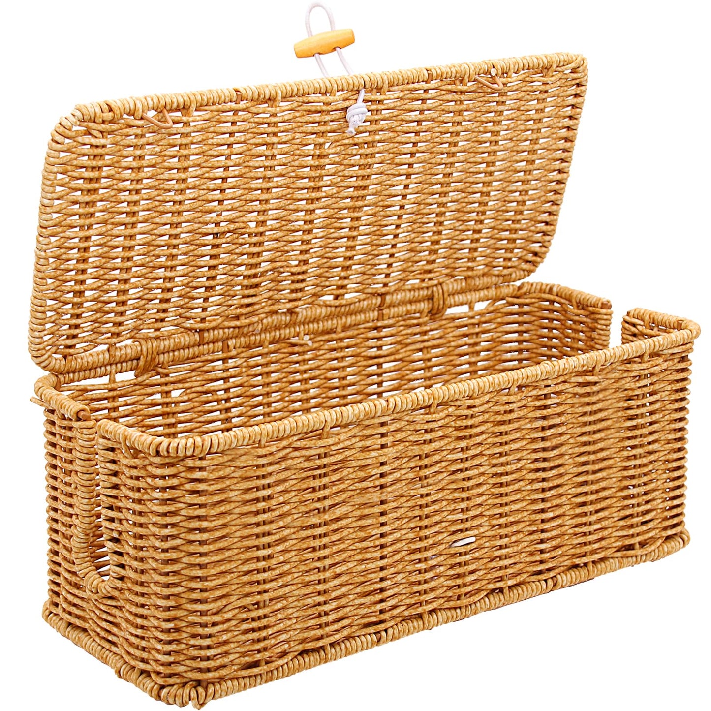 Cable Management Box, Handmade Imitation Rattan Cable Tidy Box with Locked Cover, 2 Open Slots Power Strip Organizer, Cord Organizer Boxes for
