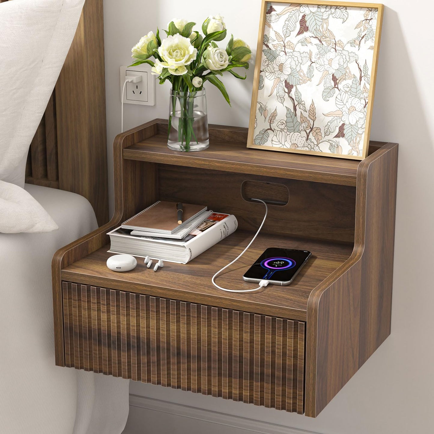 Skokliz Floating Bedside Table Set of 2, Wall Mounted Nightstand with Drawer and Open Shelf, Walnut Side Table Bedroom