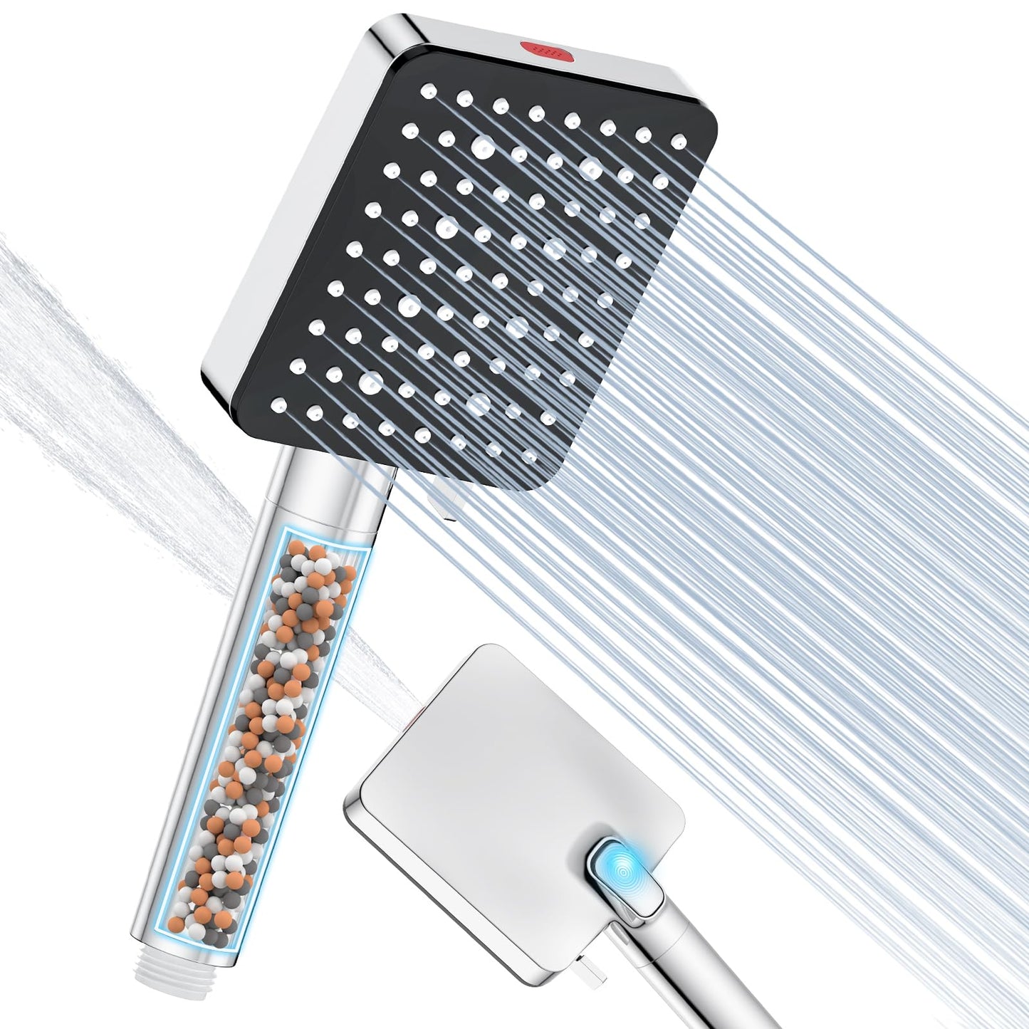 YEAUPE PRO Hard Water Filter Shower Head,High Pressure Bathroom Square Showerheads with Power Wash for Cleaning,6+1 Spray Modes Rainfall for Residual
