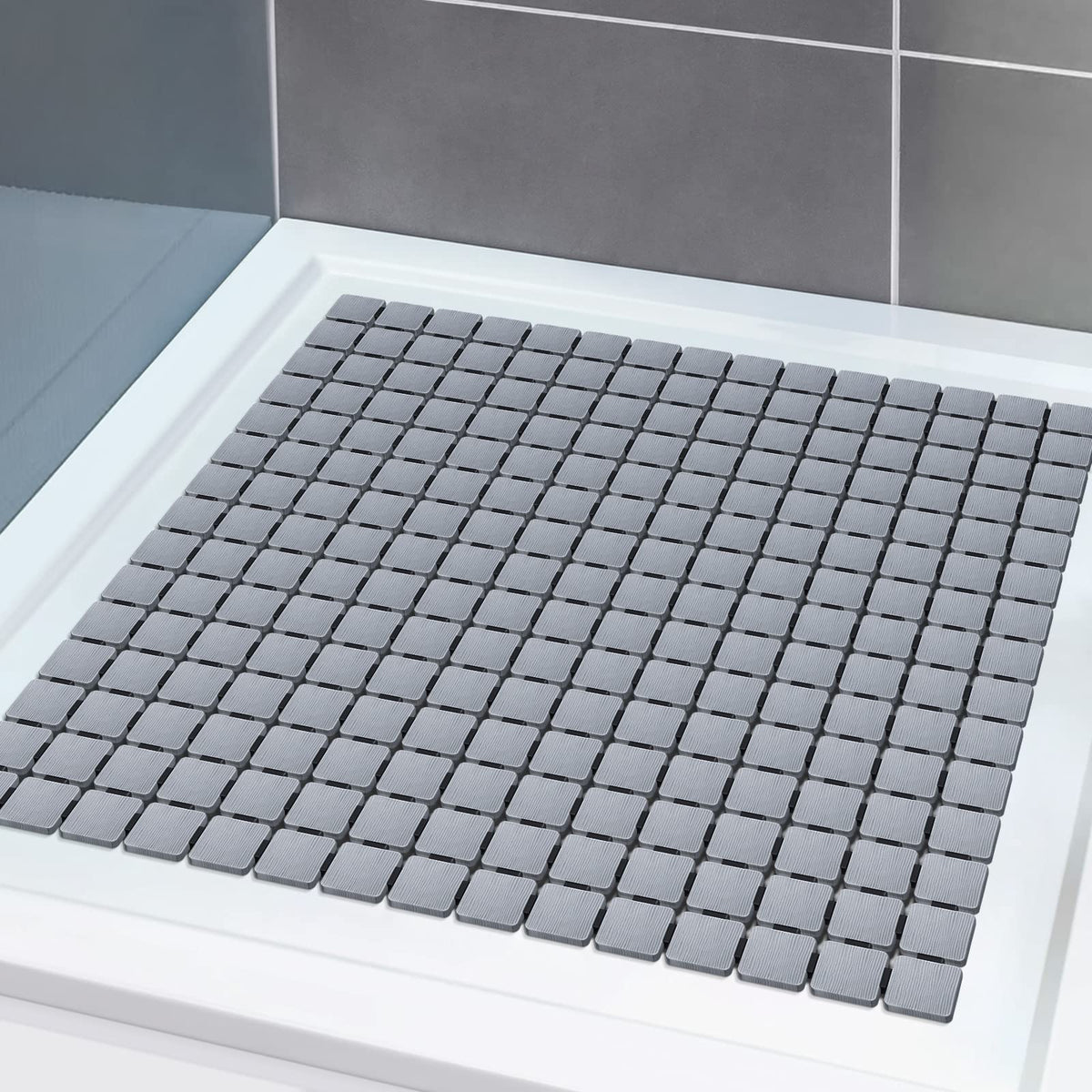 Shower Mat Square Non Slip Bath Mat DIY Cut Safety Bathroom Mat for Bathroom Accessory with Strong Suction Cups on the Bottom 54?54 CM (Grey)