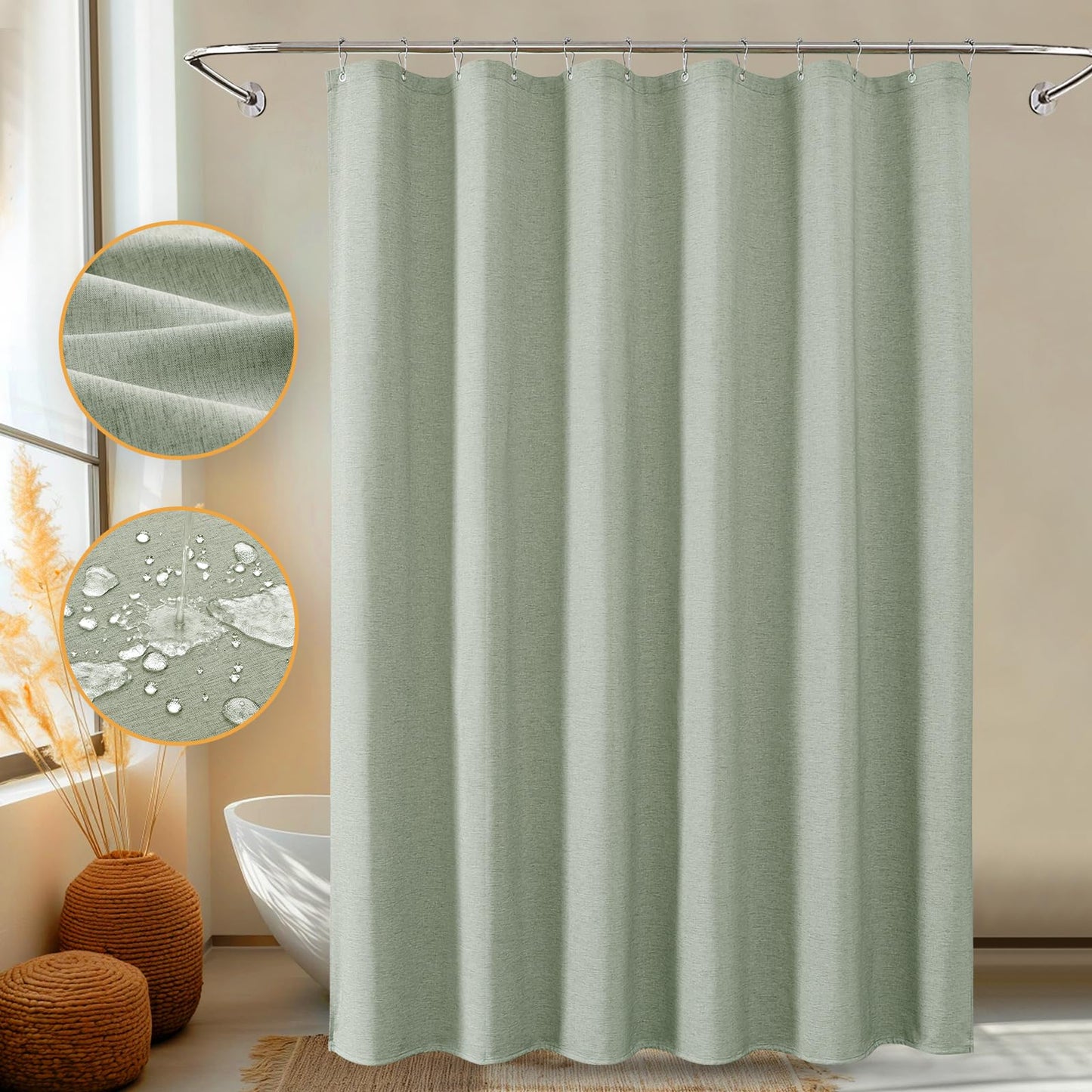 FY&XZH Green Shower Curtain, Heavy-Duty Linen-Texture Fabric Shower Curtain, Extra Soft Double-layer waterproof Shower Curtains With Smart Function