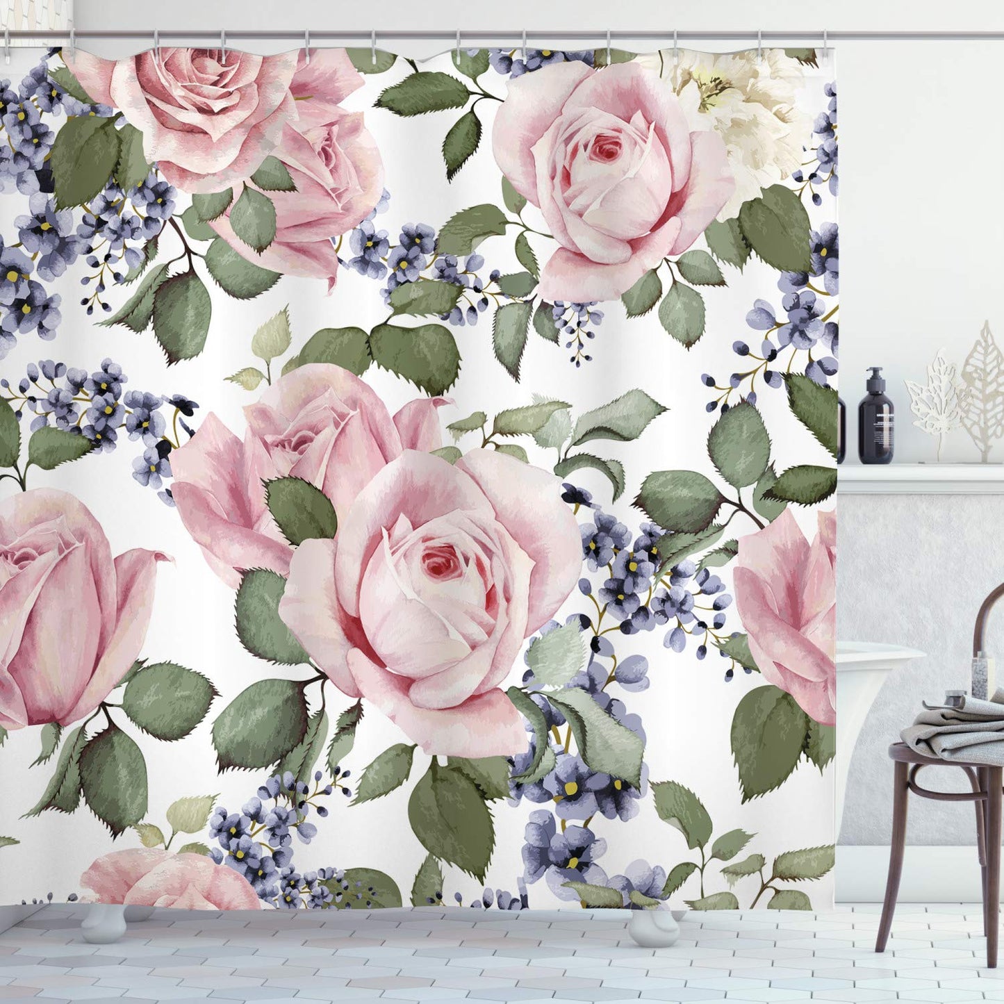 ABAKUHAUS Rose Shower Curtain, Flourishing Pink Roses with Tender Spring Summer Soulful Blossoms Bridal, Cloth Fabric Bathroom Decor Set with Hooks,