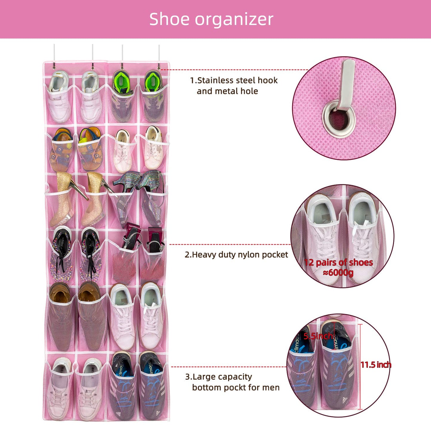 SAVERHO Hanging Shoe Organizer, Over The Door Shoe Organizer with 24 Breathable Mesh Pockets for Men Women Kids Hanging Shoe Storage Rack Organizer