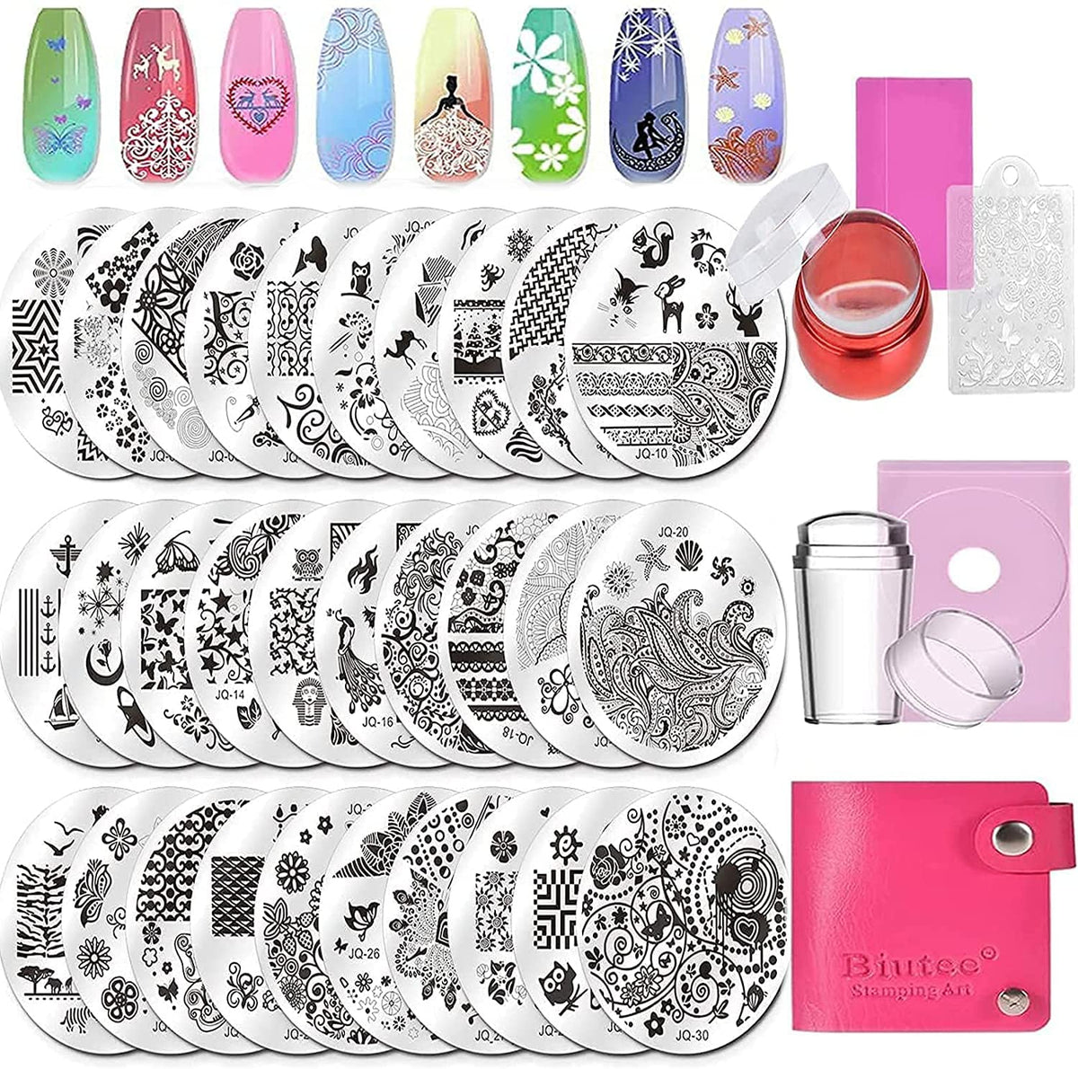 Biutee Nail Stamp Kit with Stamper and Scraper,30 PCS Round Nail Stamp Plates Kit,Geometric Patterns Nail Template for Nail Salon Designs Nail Image