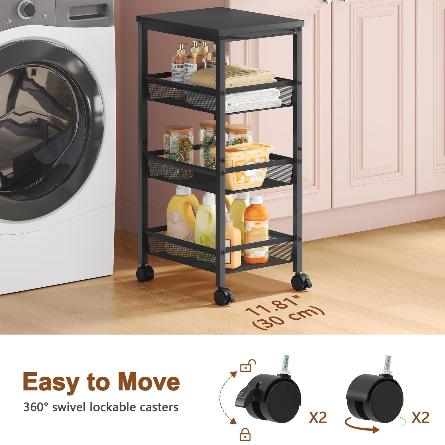 Hoctieon Rolling Storage Cart, 4-Tier Wide Panel Rolling Kitchen Storage Cart, Utility Cart with Handle & Wheels, Mobile Shelving Unit