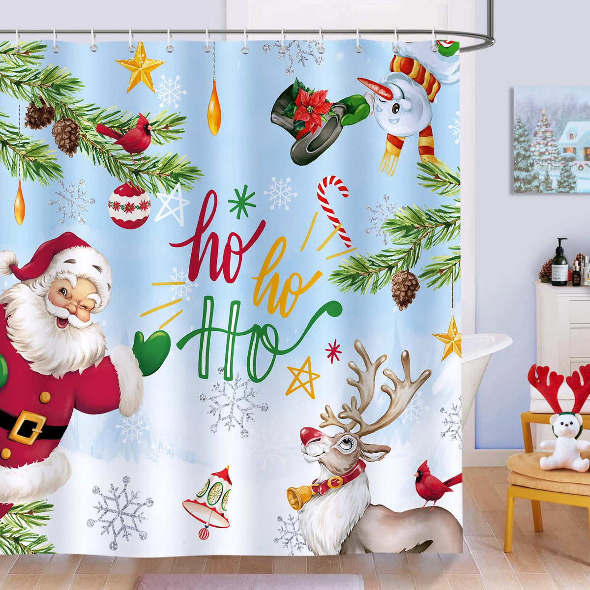 Bonhause Christmas Shower Curtain 180 x 180 cm Reindeer Santa Claus Hoho Bathroom Curtain Waterproof Mildew & Mould Resistant Polyester Fabric Bath