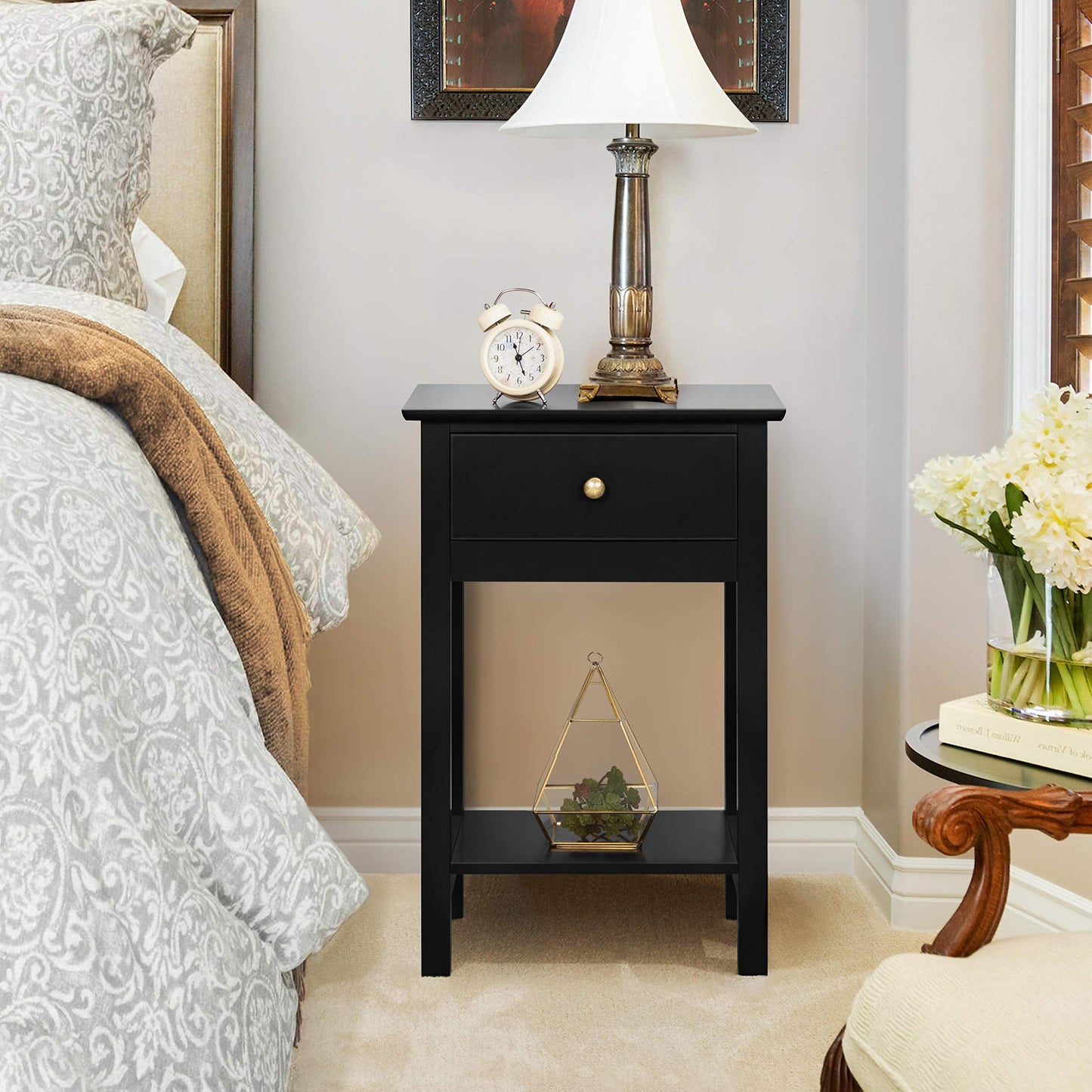 Yaheetech Bedside Table with Drawer and Open Shelf, Black
