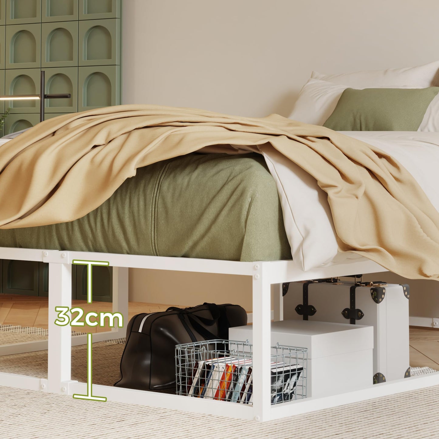 EMODA Metal Bed Frame 90 x 200cm with Steel Slats Support, White