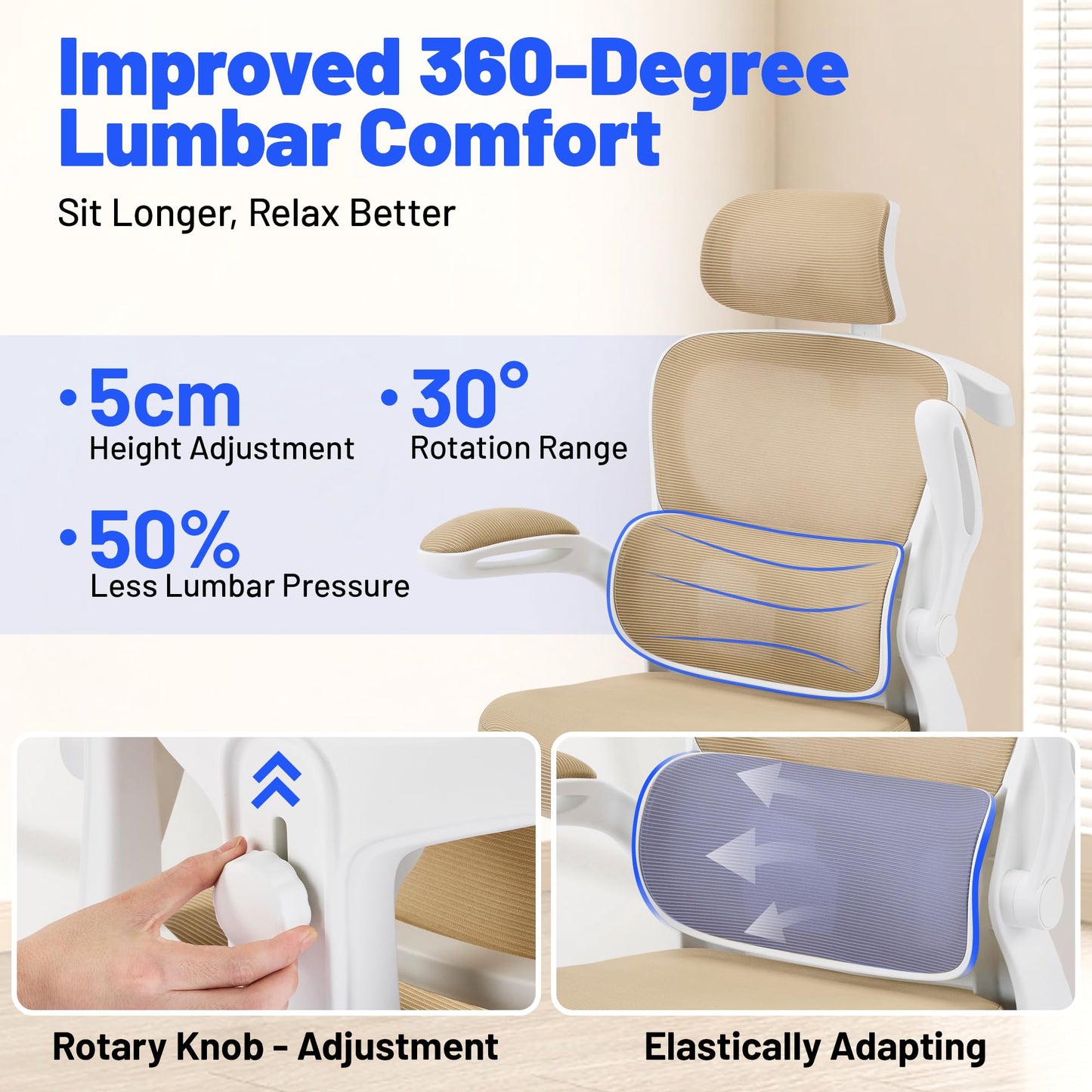 Coscendo Ergonomic Office Chair with Headrest & Lumbar Support, Khaki