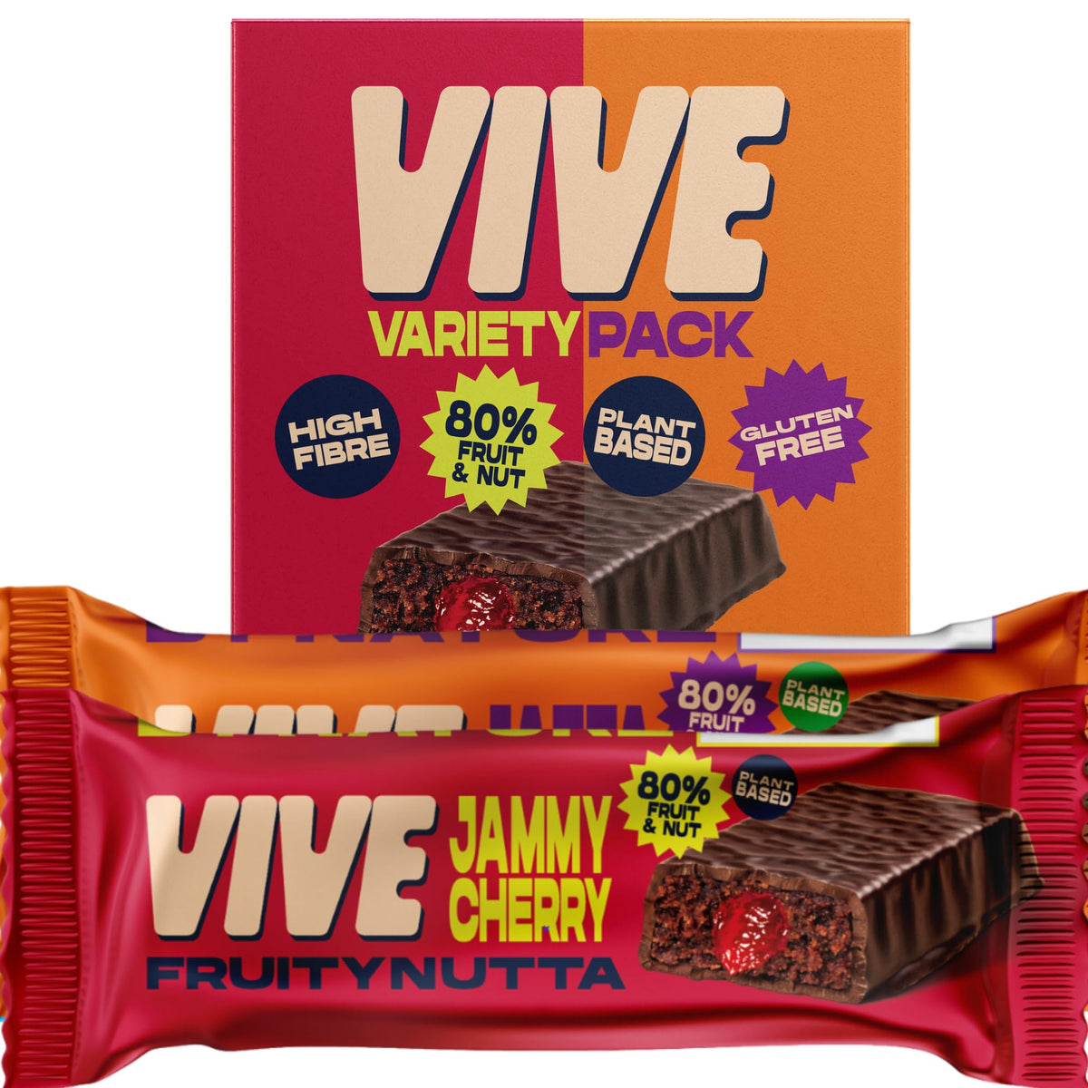 Vive Fruity Nutta Mixed Box ? Variety of Fruit Jam Filled Vegan Snack Bars ? 80% Fruit & Nut, Belgian Chocolate Coated, High Fibre, Gluten-Free ? Pack