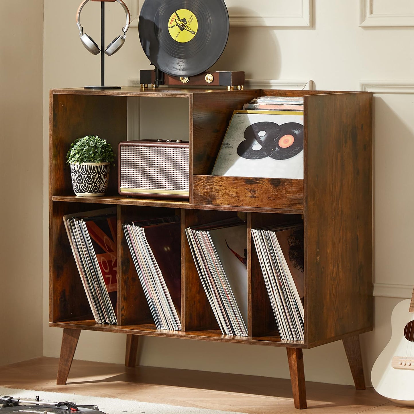 LELELINKY Large Record Stand With Storage and Shelf - Vinyl Holder With Presentation Surface for Up to 300 Albums - Music Room and Living Room
