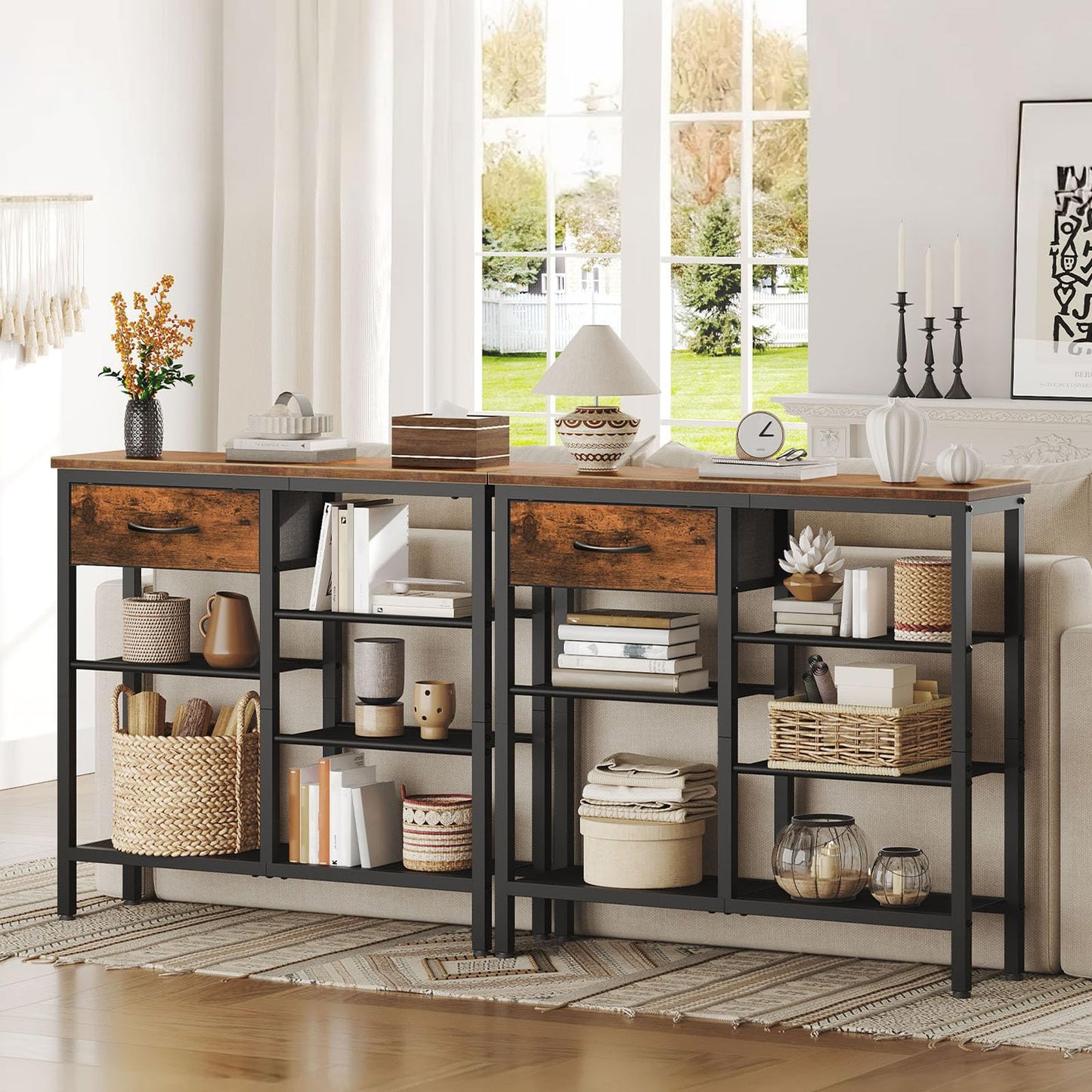HOOBRO Console Table for Hallway Slim, Hallway Table with Drawer and 5-Tier Storage Shelves, 75 CM Narrow Console Table Behind Sofa, for Living Room