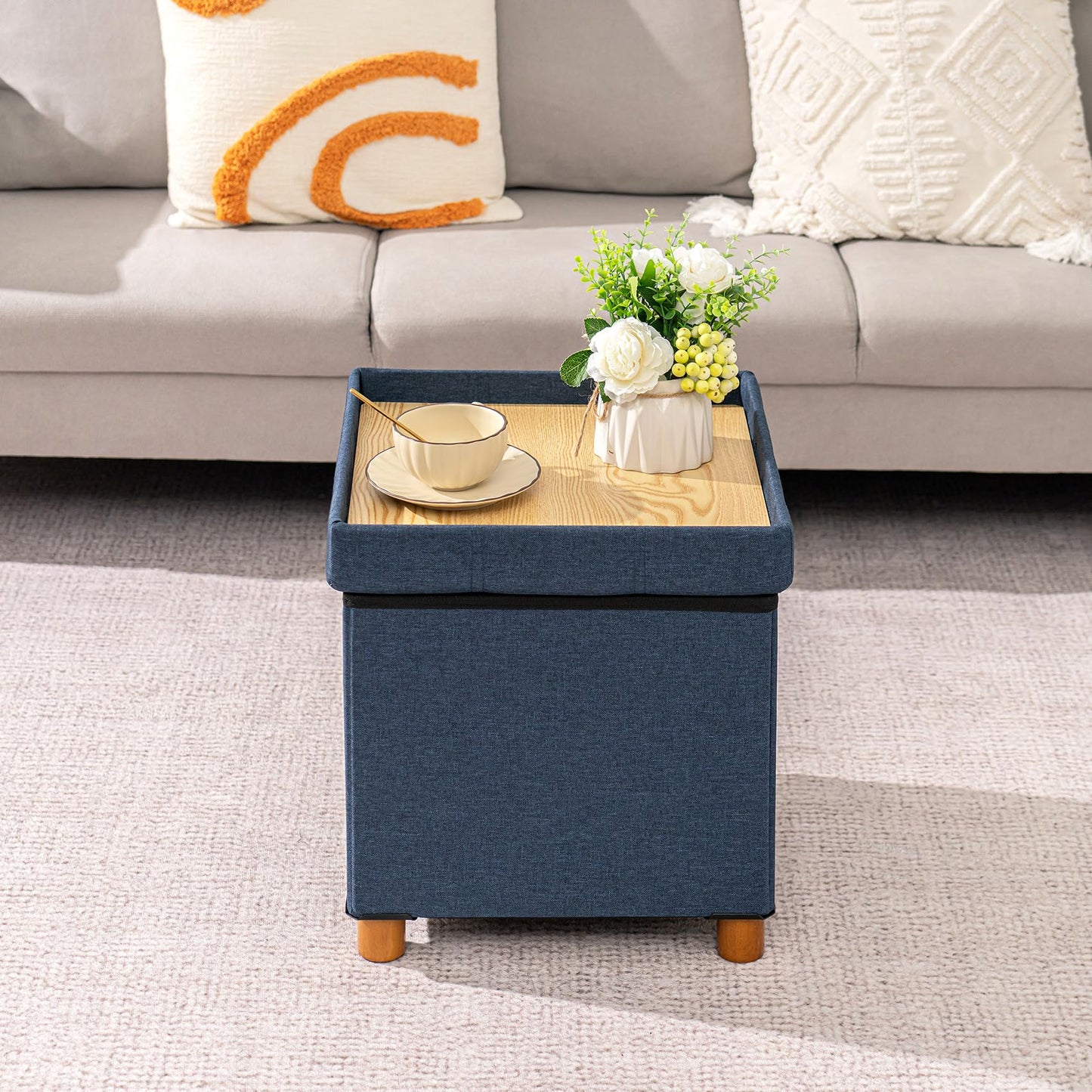 Bonlife Ottoman with Tray, Foldable Storage Box with Wooden Legs