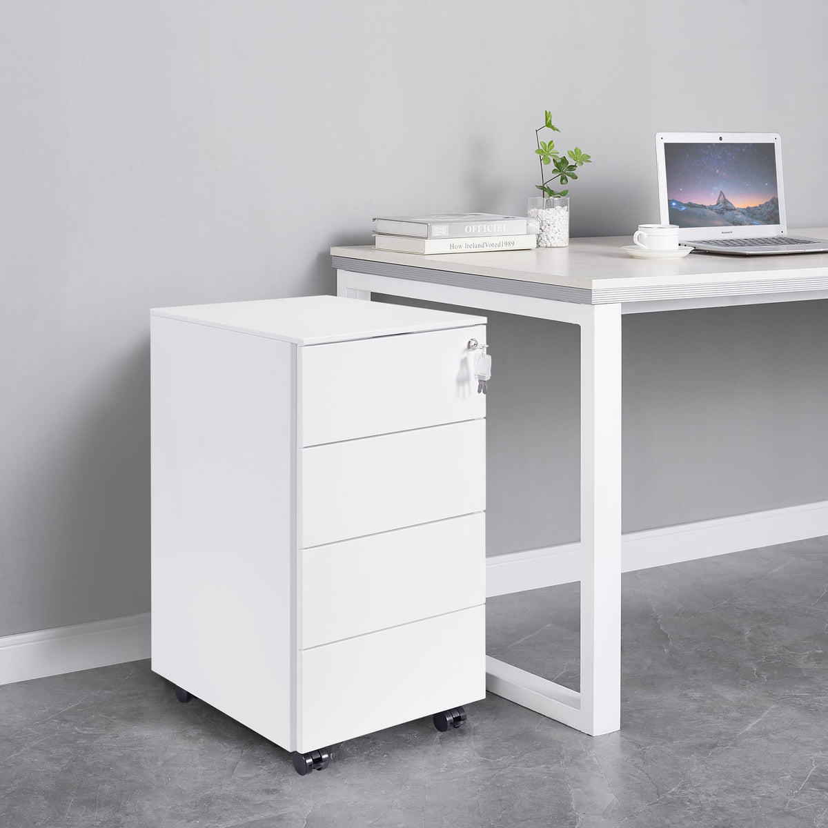LVSTEEL 4-Drawer Mobile Filing Cabinet with Lock, Steel Office File Cabinet on Wheels, Under Desk Metal Cabinet, Fully Assembled, White, 37x44x69.5cm