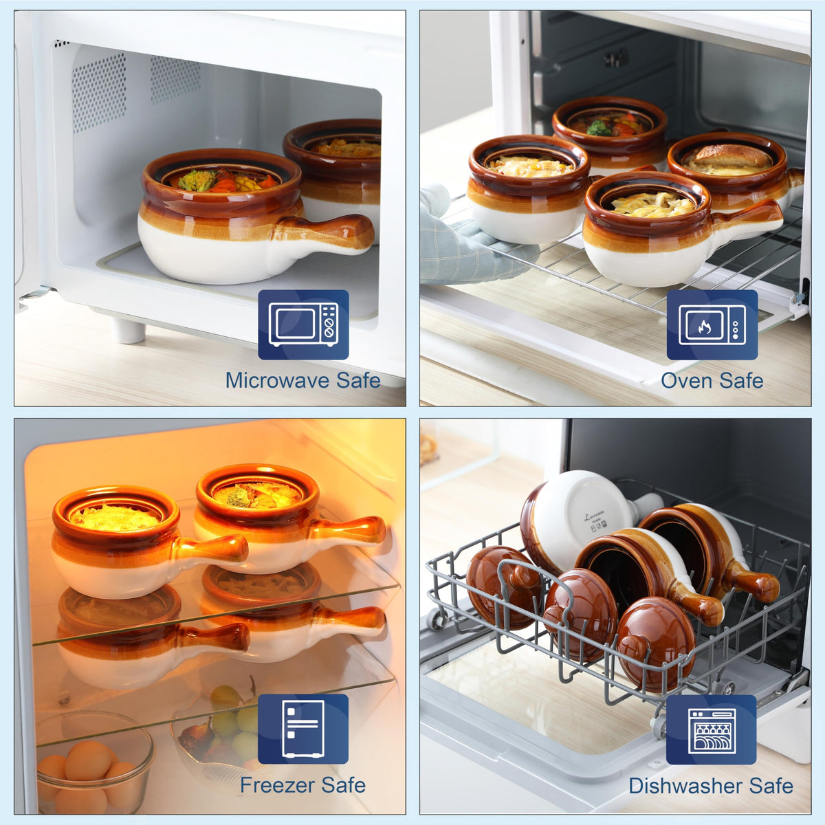 LOVECASA 16 OZ French Onion Soup Crocks with Lid,Porcelain Soup Bowls with Extended Handle,Serving Bowls for Chili, Beef Stew, Cereal, Pot Pies,