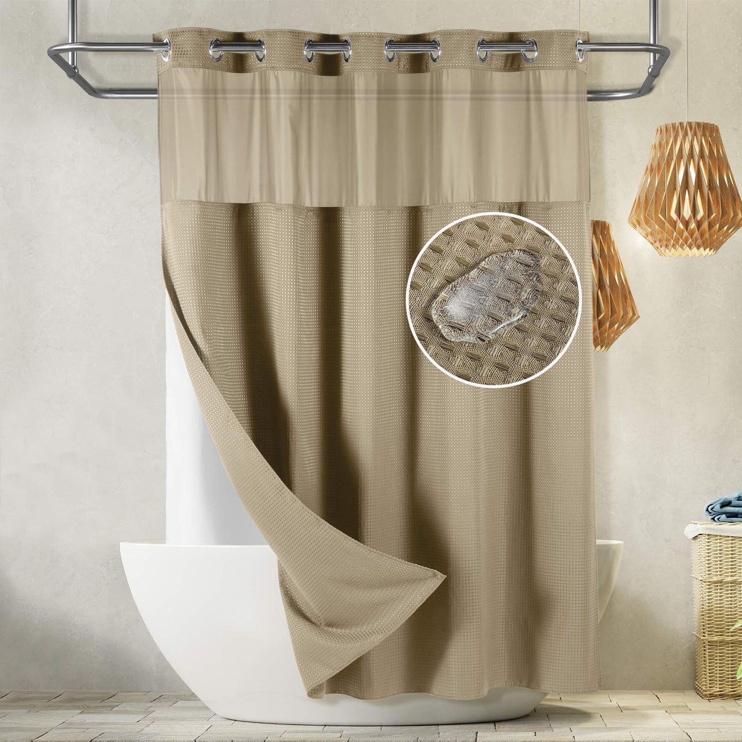 Lagute SnapHook Waffle Weave Fabric Hook Free Shower Curtain with Snap-in Liner, Heavy Duty Bath Curtain with See Through Top, Hotel Grade