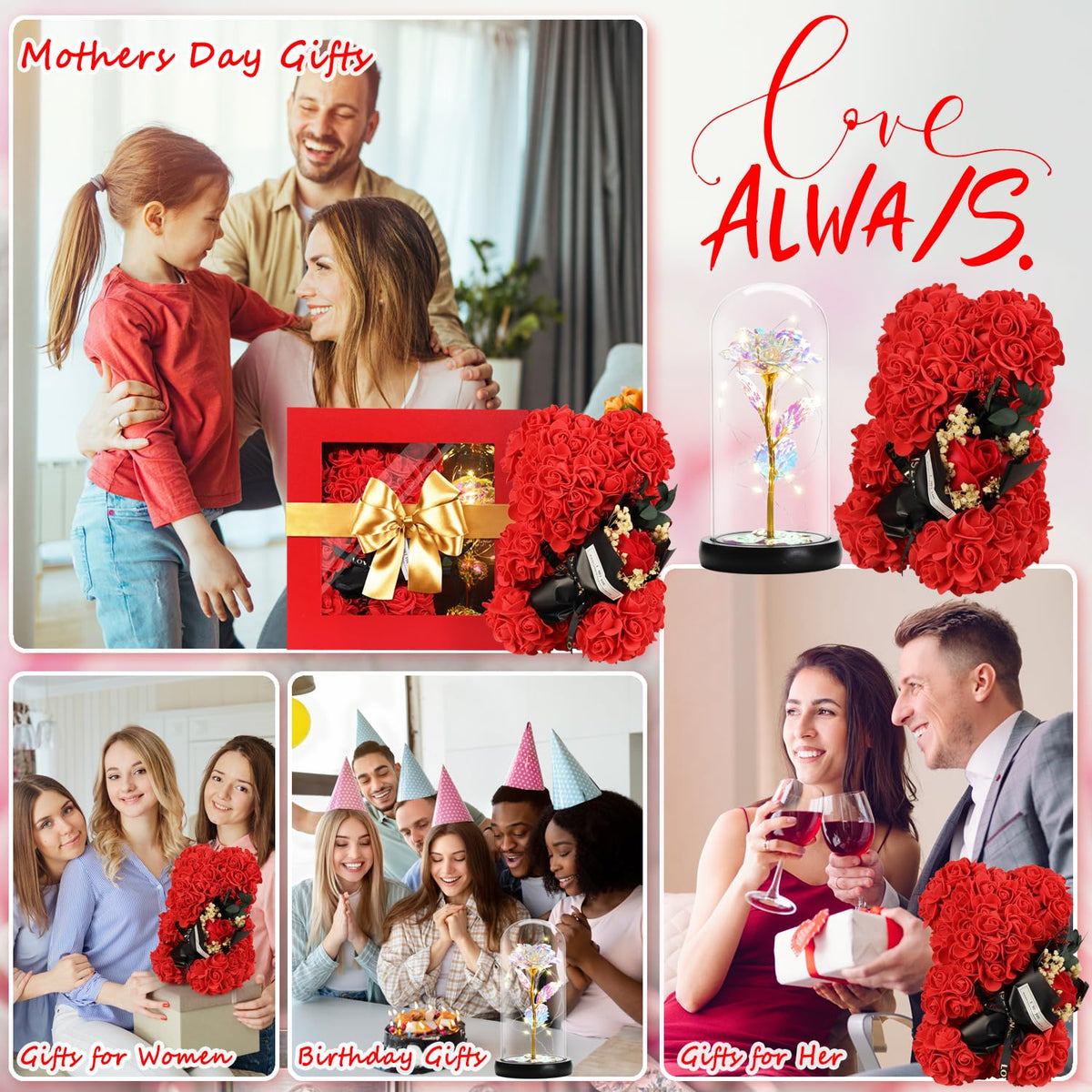 POHOMEGK Rose Bear Mothers Day Flower Gifts for Women, Rose Teddy Bear Birthday Gifrs for Mum Wife Daughter Girlfriend, Flower Bear Beauty and The