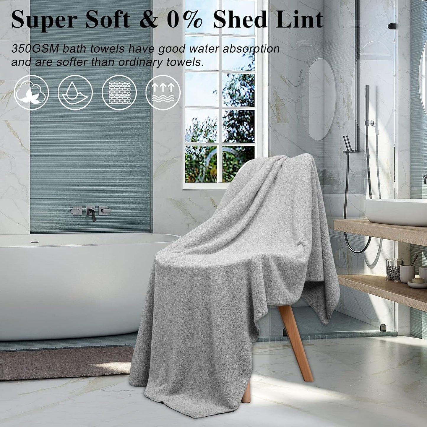 SEISSO Set of 2 Bath Towels, 88.9 × 160 cm Oversized Bath Sheets, Highly Absorbent & Quick-Drying Bamboo Fibre Towels for Bathroom Use, Grey