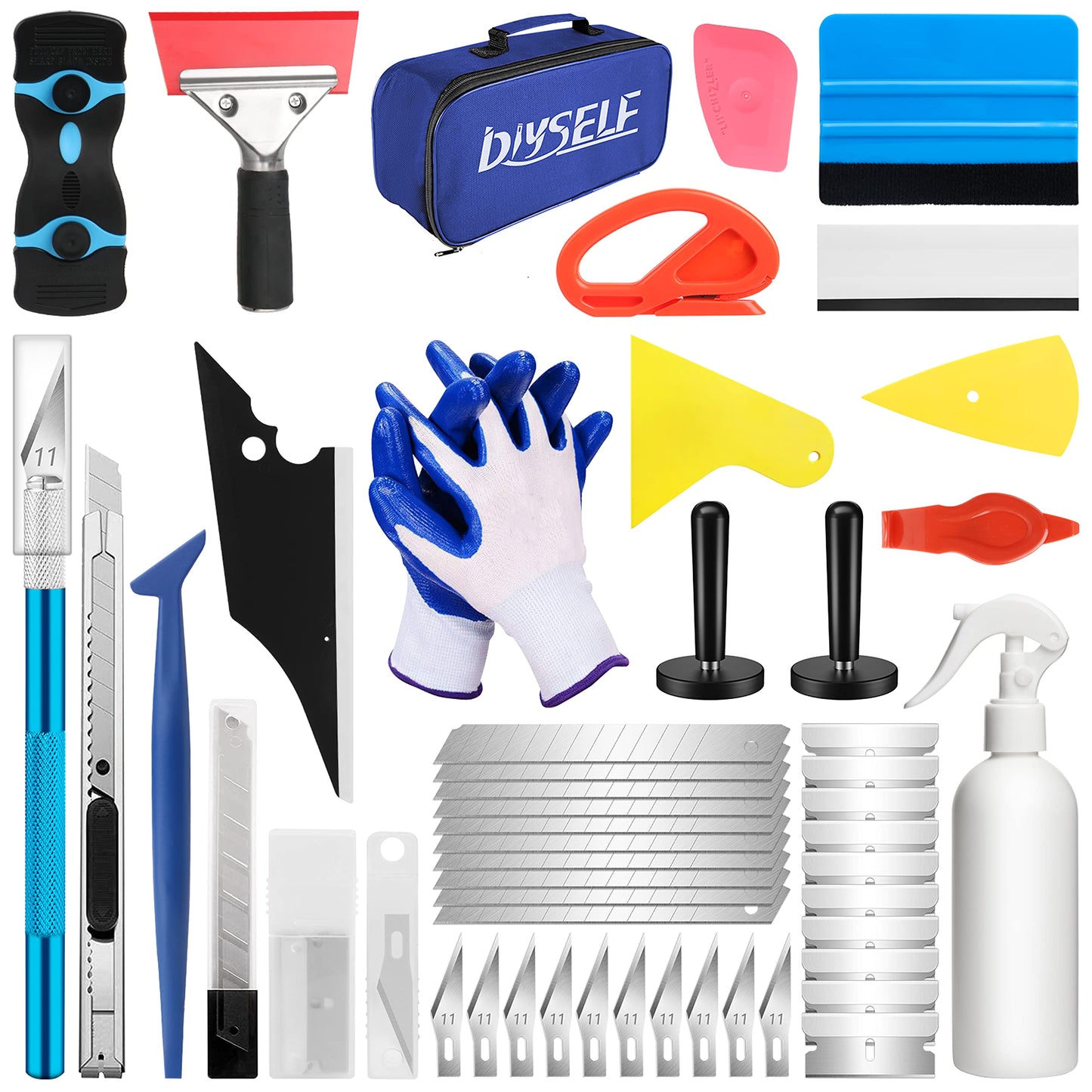 DIYSELF Window Tint Kit, Vinyl Wrap Tool Kit for Cars, 45 Pcs Vehicle Glass Protective Film Wrapping Set with Spray Bottle, Squeegee, Scrapers, Razor
