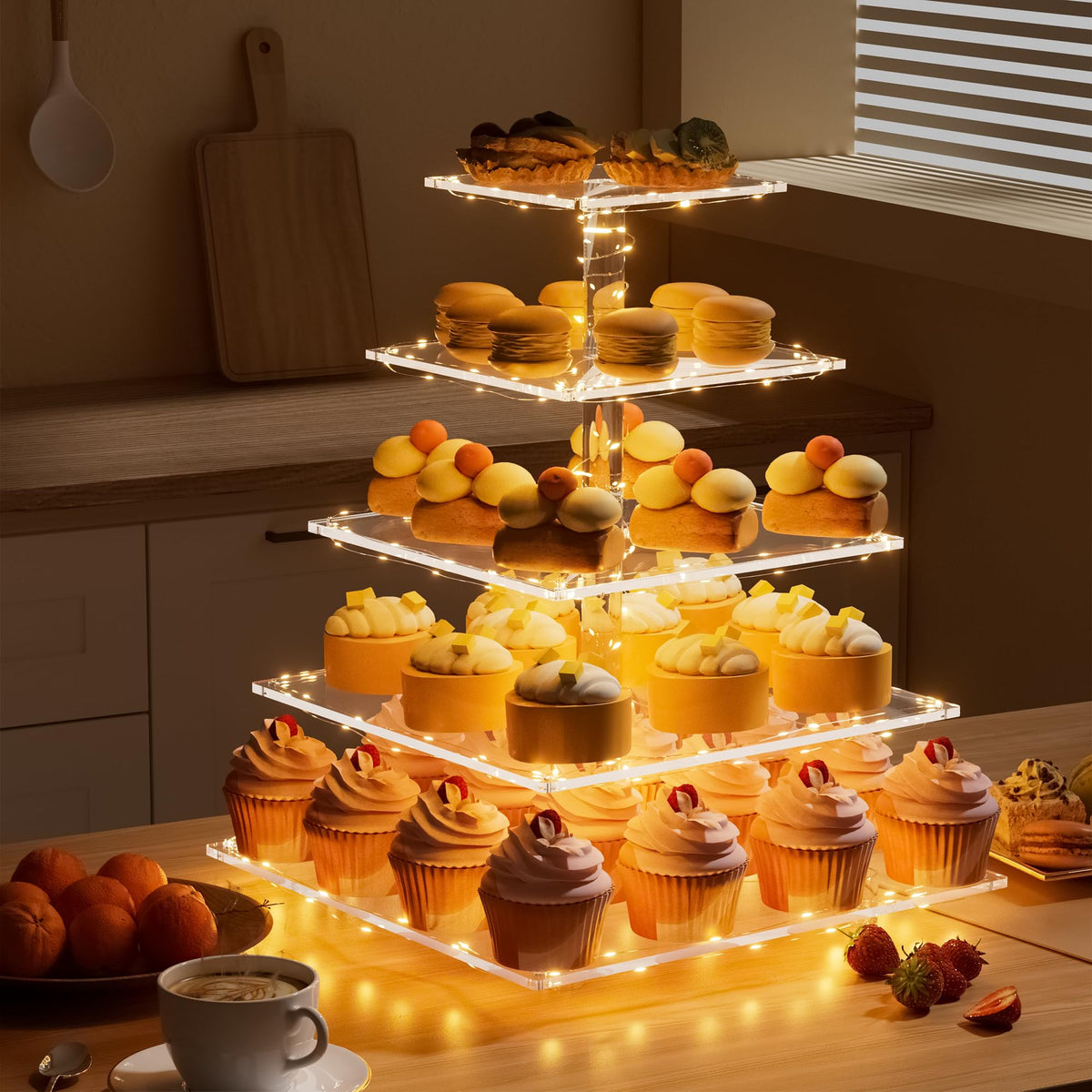 weddingwish 5 Tier Acrylic Cupcake Stand with LED Light, Clear Cupcake Stand for 50 Cupcakes, Cupcake Holder Tower Dessert Table Display Set for