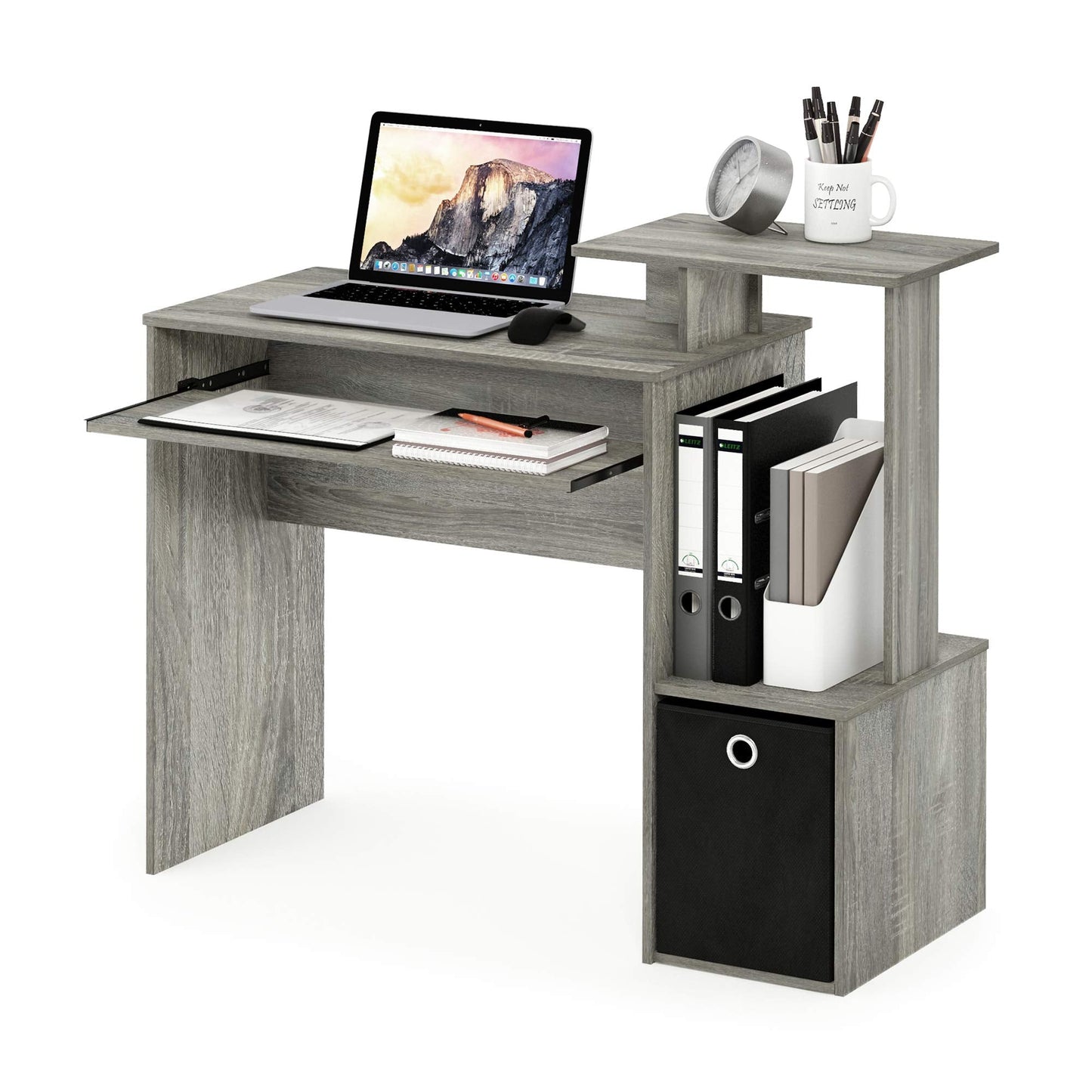 Furinno ECON Desk, Gaming Desk with Keyboard Tray, Computer Desk, Office Desk with Side Shelves and Storage Bin for Home Office, Study Room, Dorm