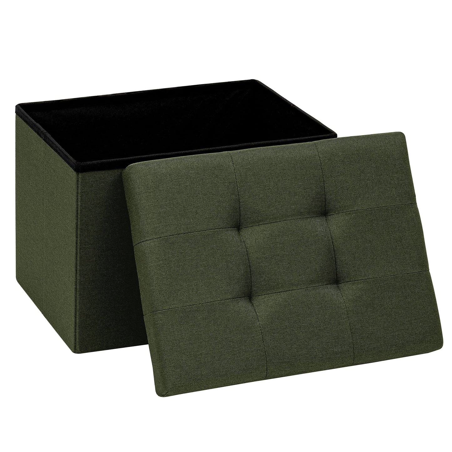PINPLUS Linen Ottoman Storage Box with Lid, 42x32x32 cm, Olive Green