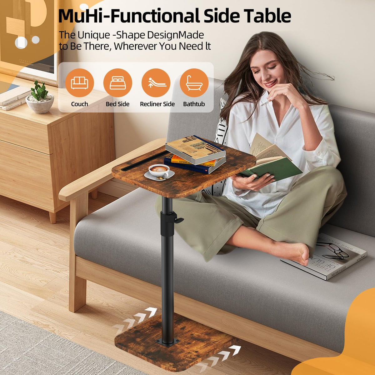 MOXYOY Side Table Adjustable Height, 360° Swivel, Small C Shaped Side Table