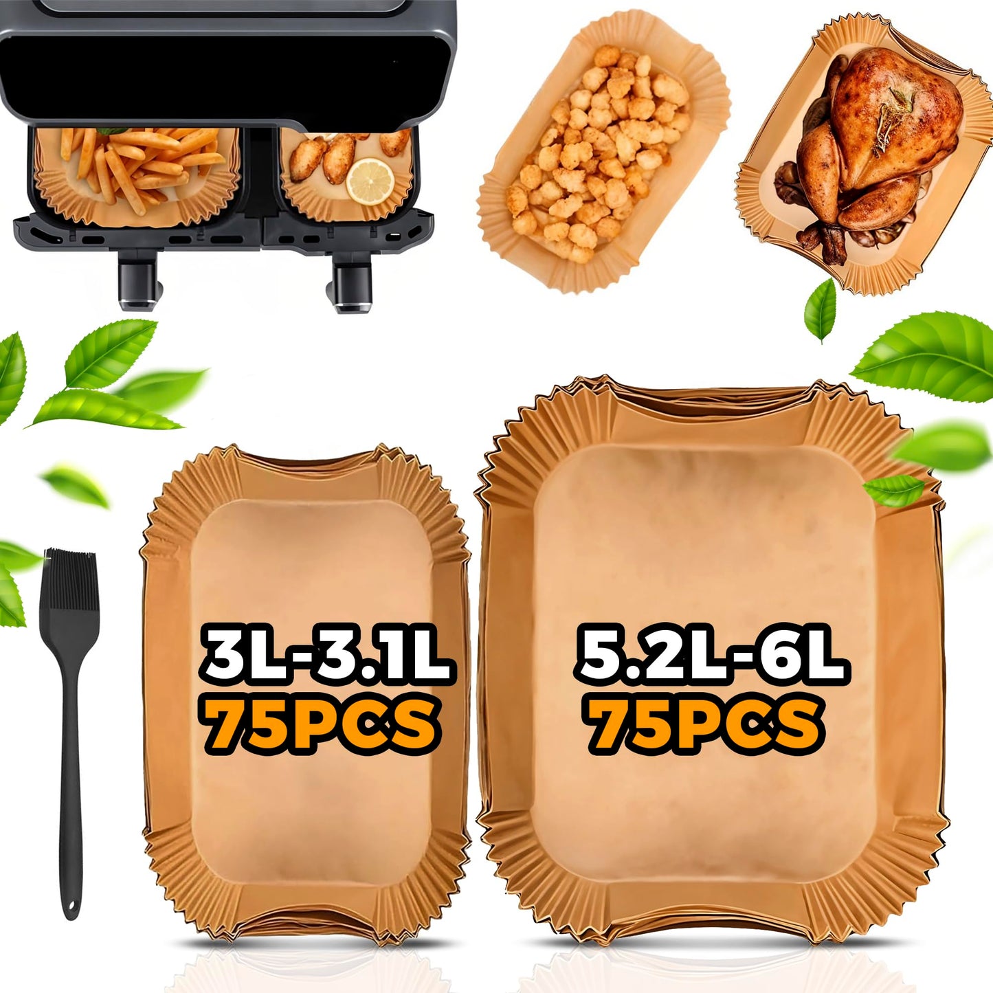 Pietuley Air Fryer Liners for Philips Dual Air Fryer 3000 Series 3L & 6L, Dual Air Fryer Accessories for Tefal 5.2L & 3.1L, Disposable Paper Liners