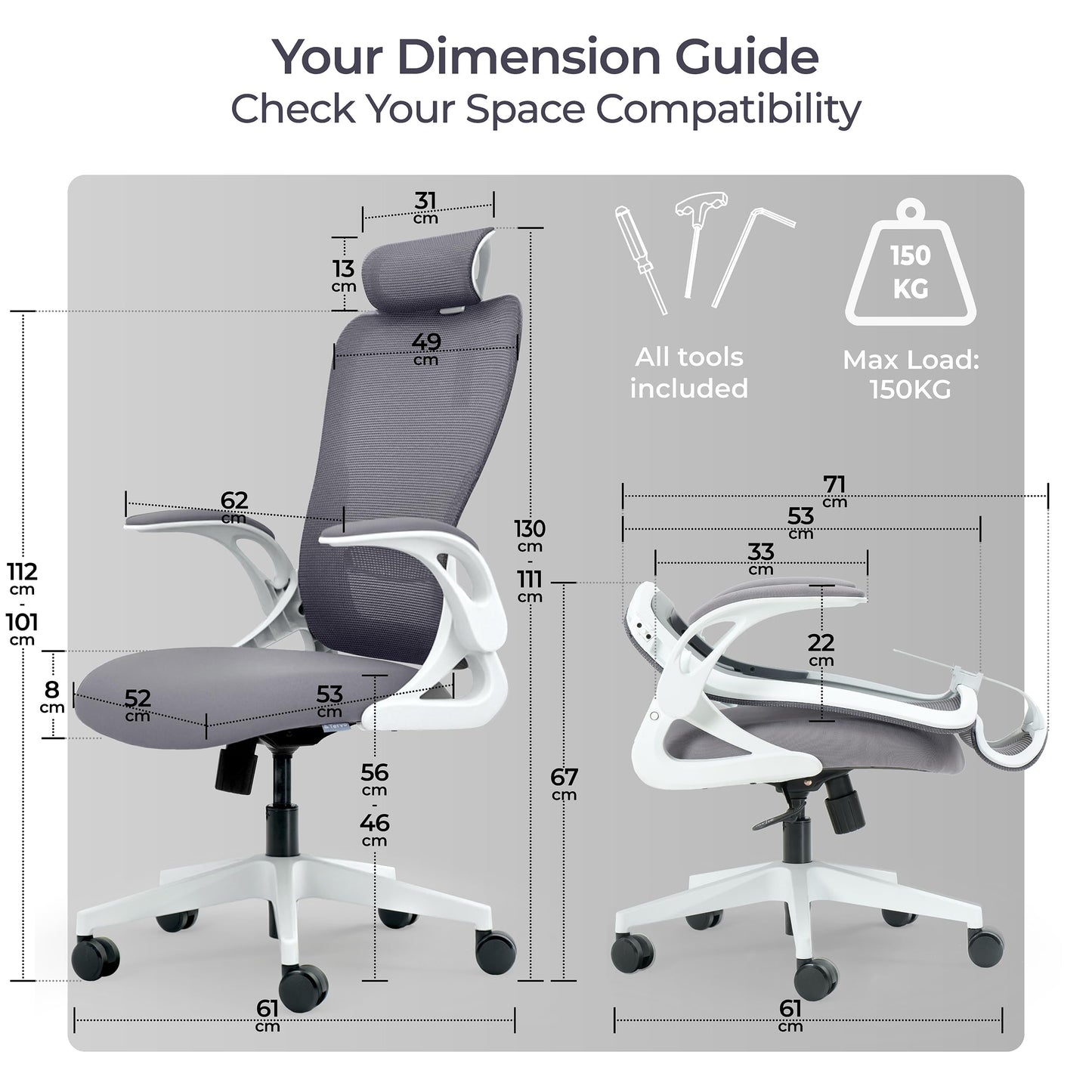 Tervo Model U | Folding Office Chair for Small Spaces | Ergonomic Design with High Rebound Mesh | Computer Desk Chair for Gaming | For Adults & Kids