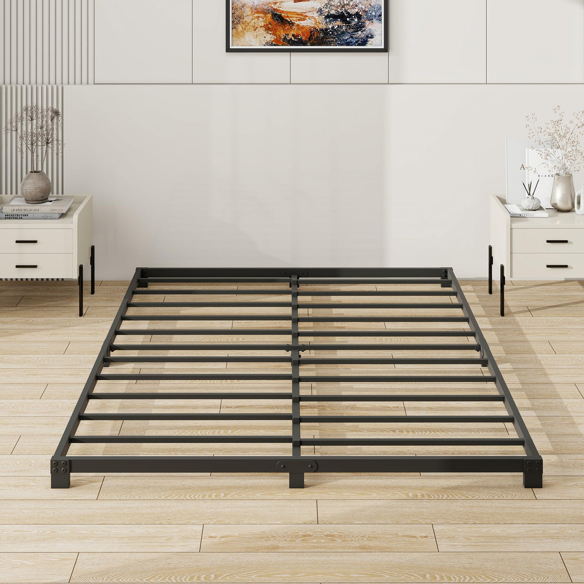 VERFARM 8cm Low King Size Bed frame, Metal Bed 150x200 cm, 5ft King Heavy Duty Metal Platform Bed Frame with Steel Slat Support, No Box Spring Needed,