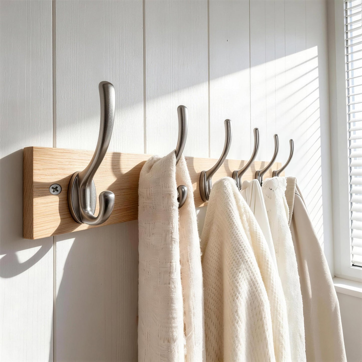 HONSKY Wall Coat Rack - 6 Double Hooks (44cm) | Wooden & Metal Towel/Coat Hanger for Entryway, Bathroom, Bedroom, Garage | Easy Install