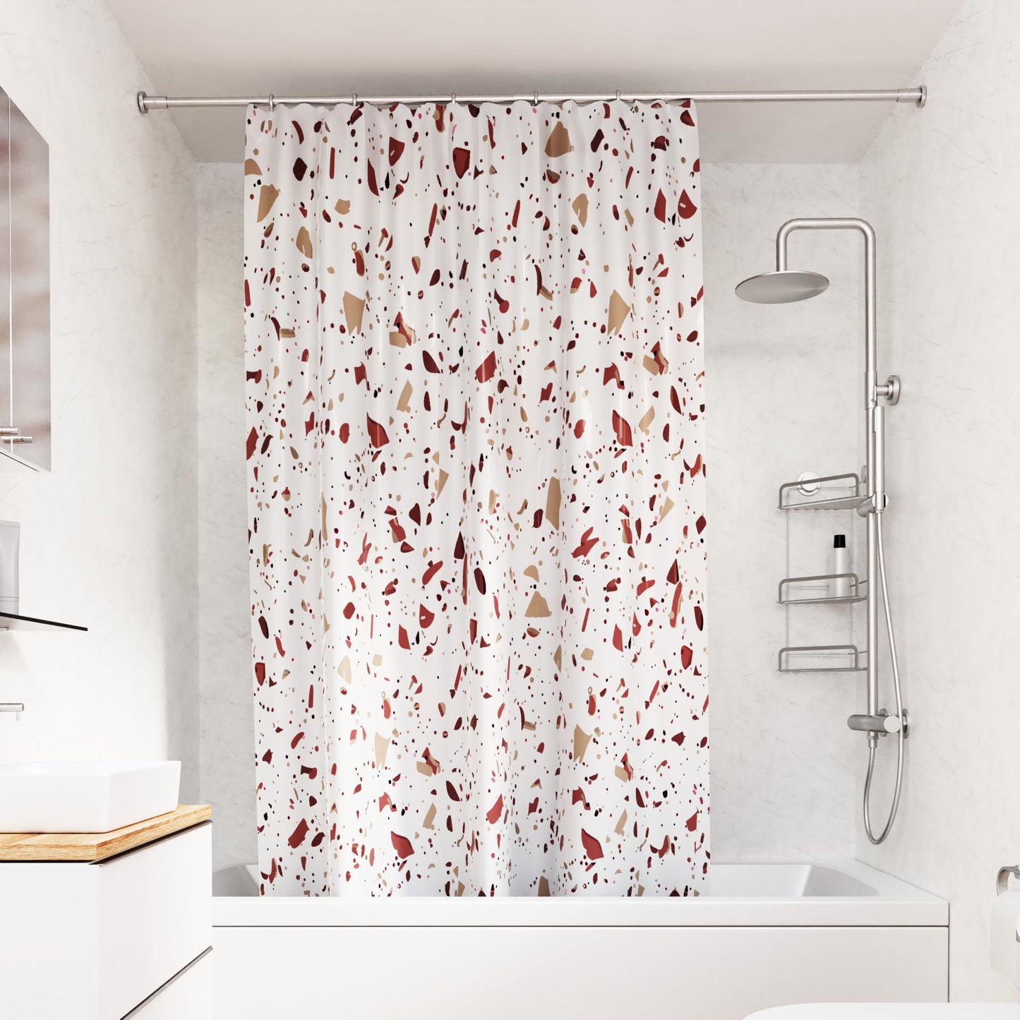 Croydex Shower Curtain with Pink Terrazzo Design - 100% Polyester with a Weighted Hem, Machine Washable and coated with Proseal for Water Repellence,