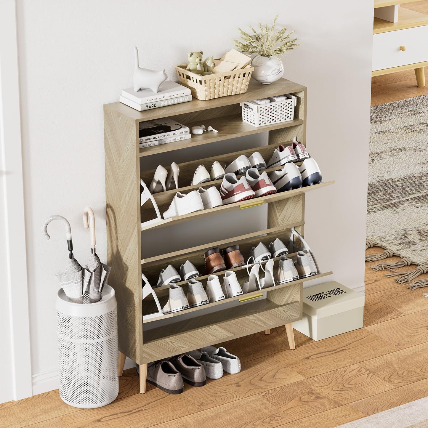 Skokliz Shoe Storage Cabinet, Narrow Shoes Cupboard with 2 Flip Drawers and Open Compartment